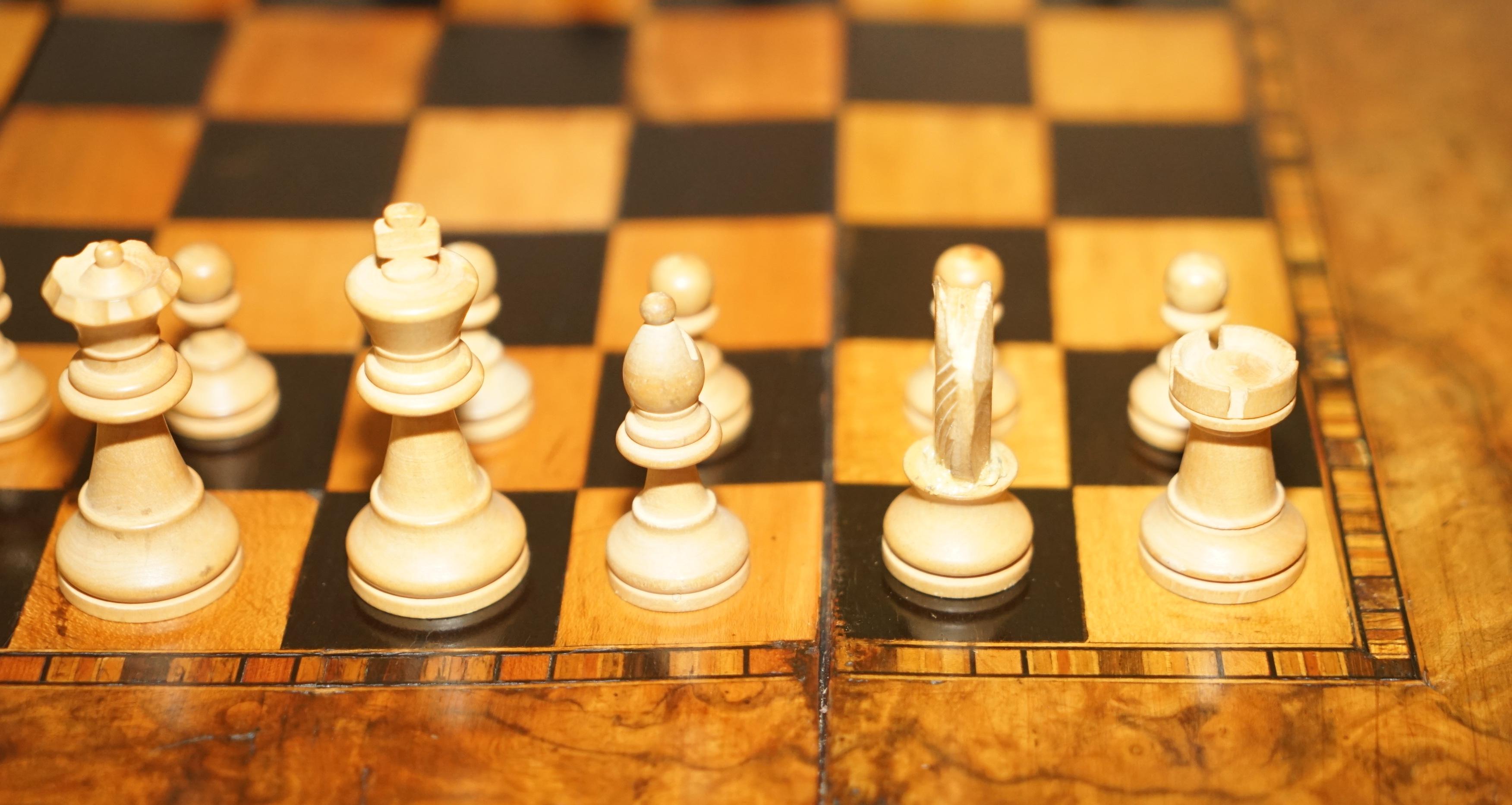 Hand-Crafted Stunning Antique Burr Walnut Folding Chess Board Table Staunton Chess Pieces Set
