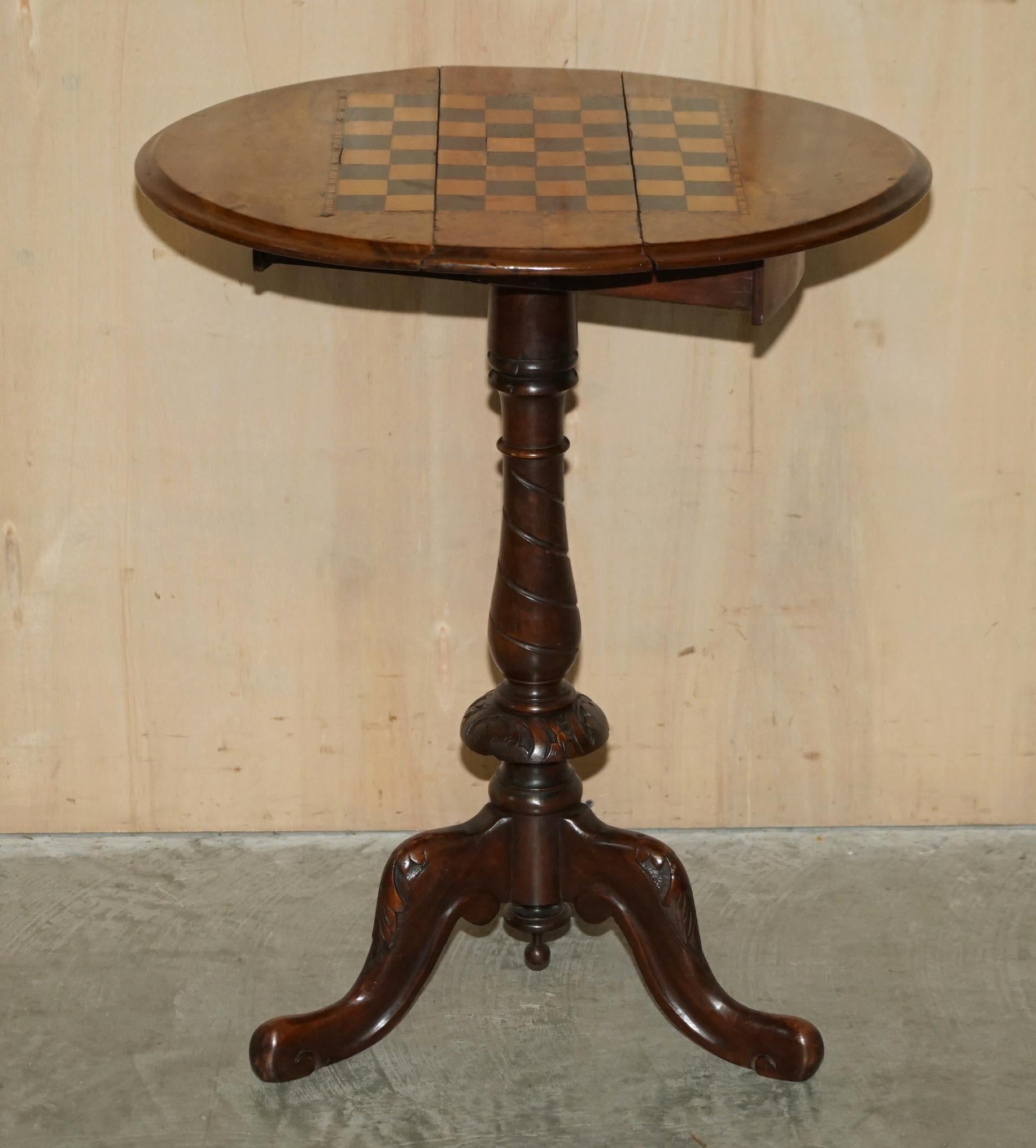 Early 20th Century Stunning Antique Burr Walnut Folding Chess Board Table Staunton Chess Pieces Set