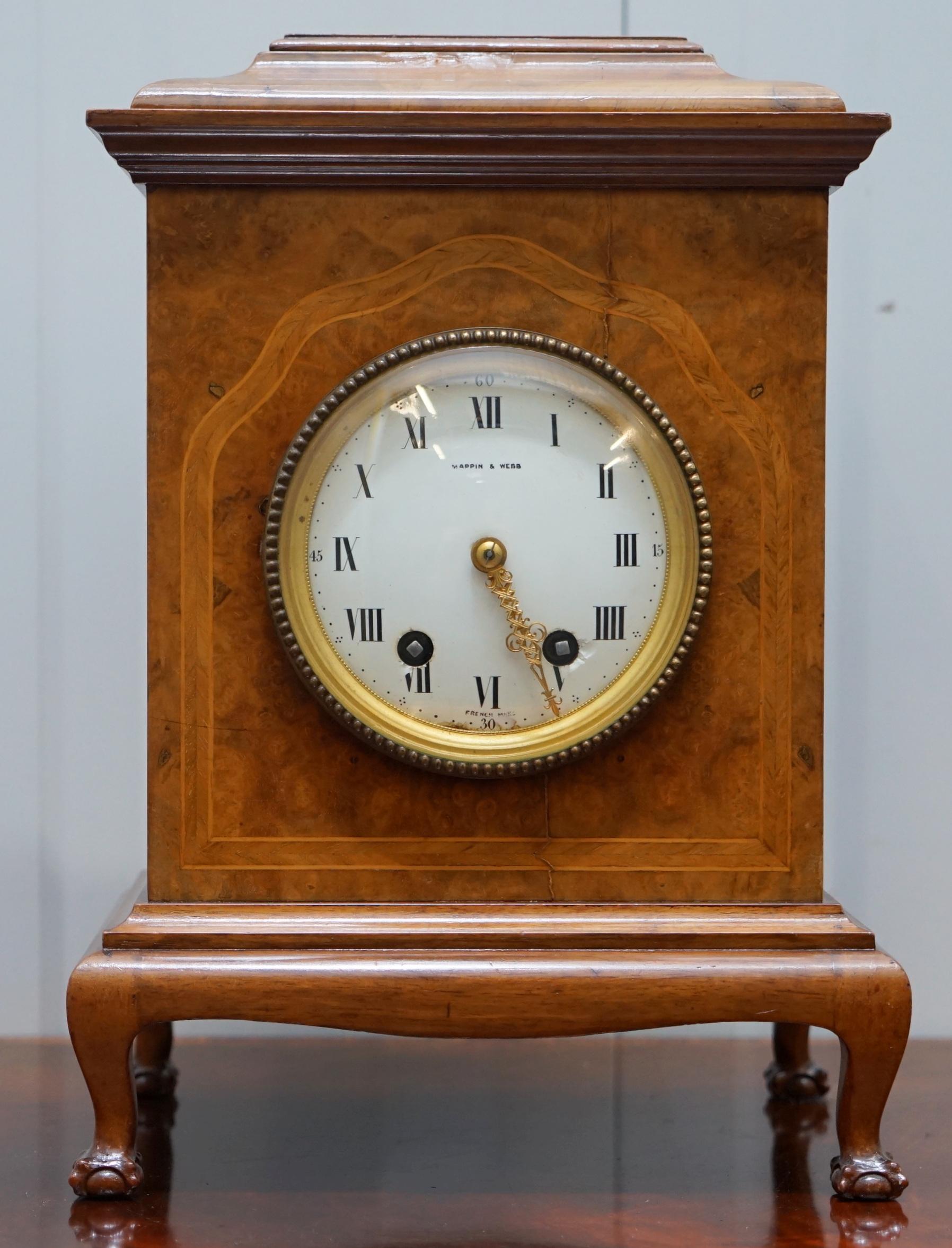 We are delighted to offer for sale this stunning Mappin & Webb Burr walnut mantle clock with claw and ball feet

A very good looking well made and decorative mantle clock, rare to find in Burr walnut and ever rarer with those adorable claw and