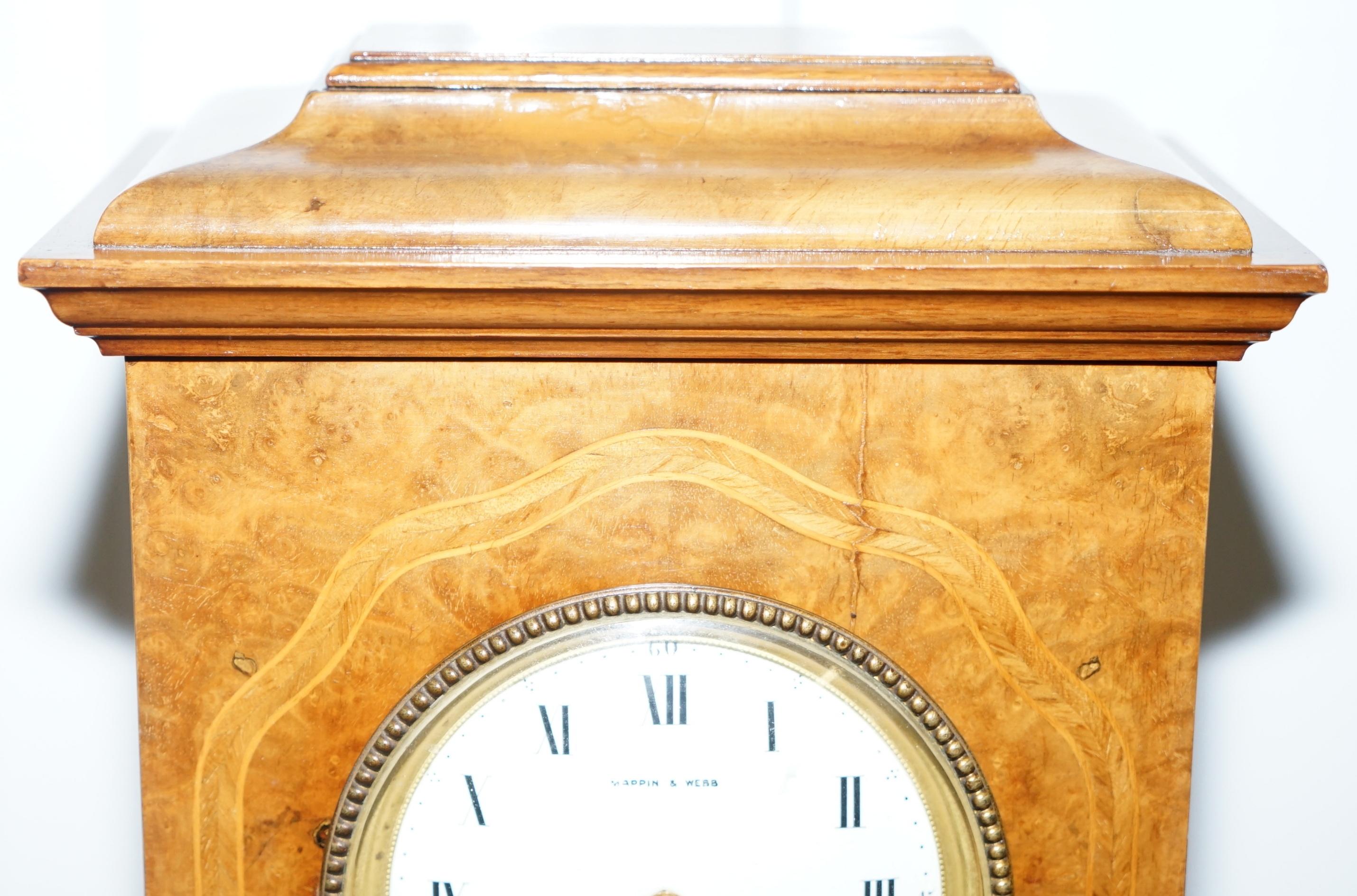 Art Deco Stunning Antique Burr Walnut Mappin & Webb Mantle Clock with Claw and Ball Feet
