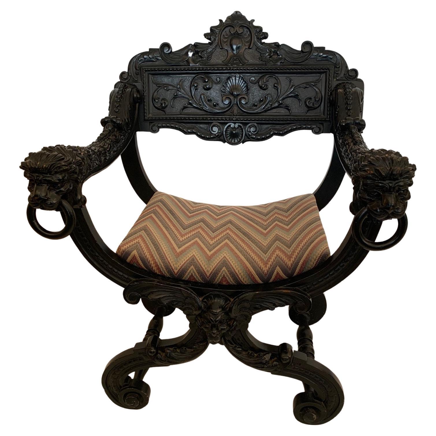 Stunning Antique Carved Wood Ebonized Throne Style Desk Chair