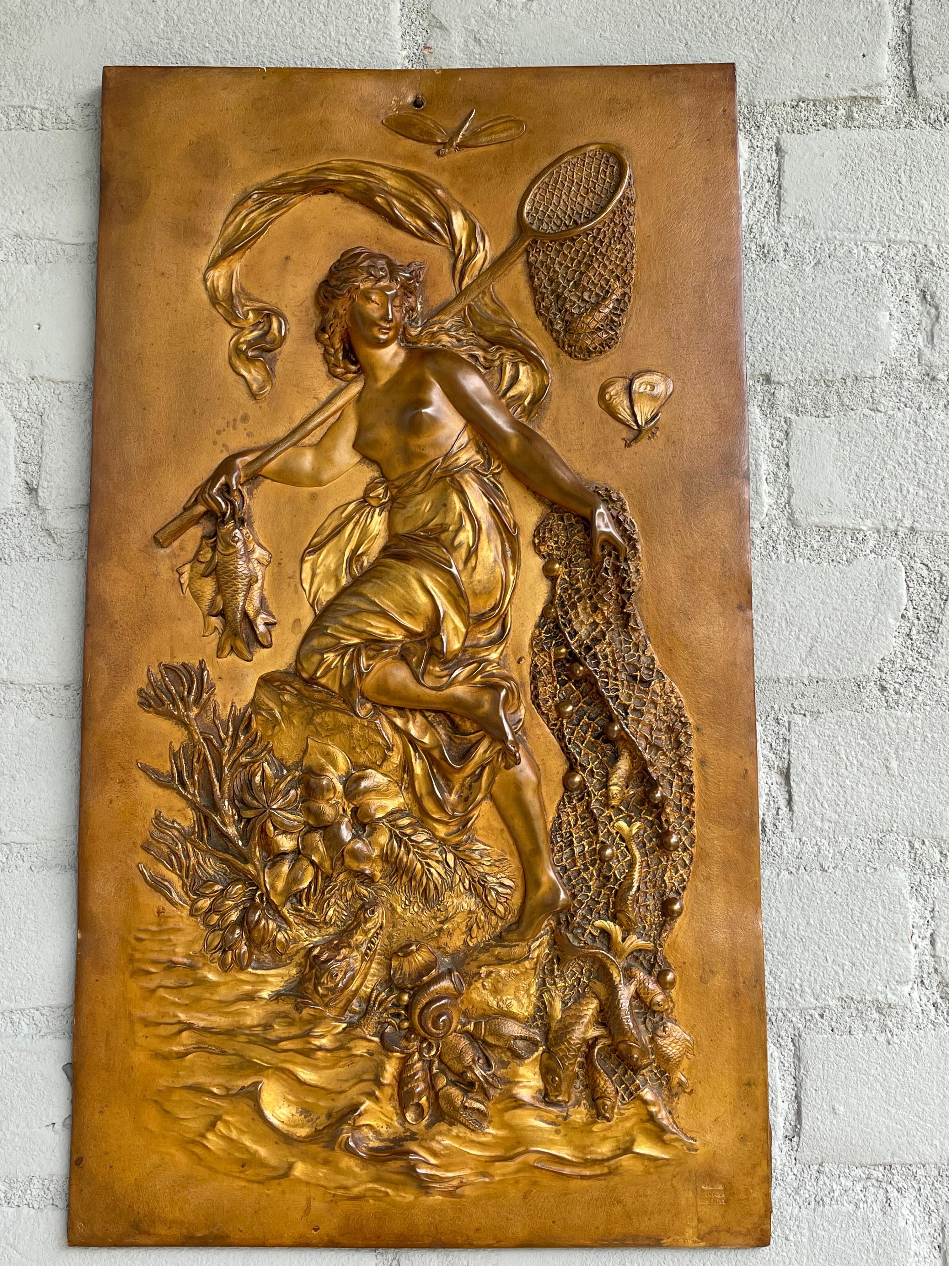 Stunning Antique, Cast & Gilt Copper Plaque Depict, Goddess of Fishing Leucothea 3