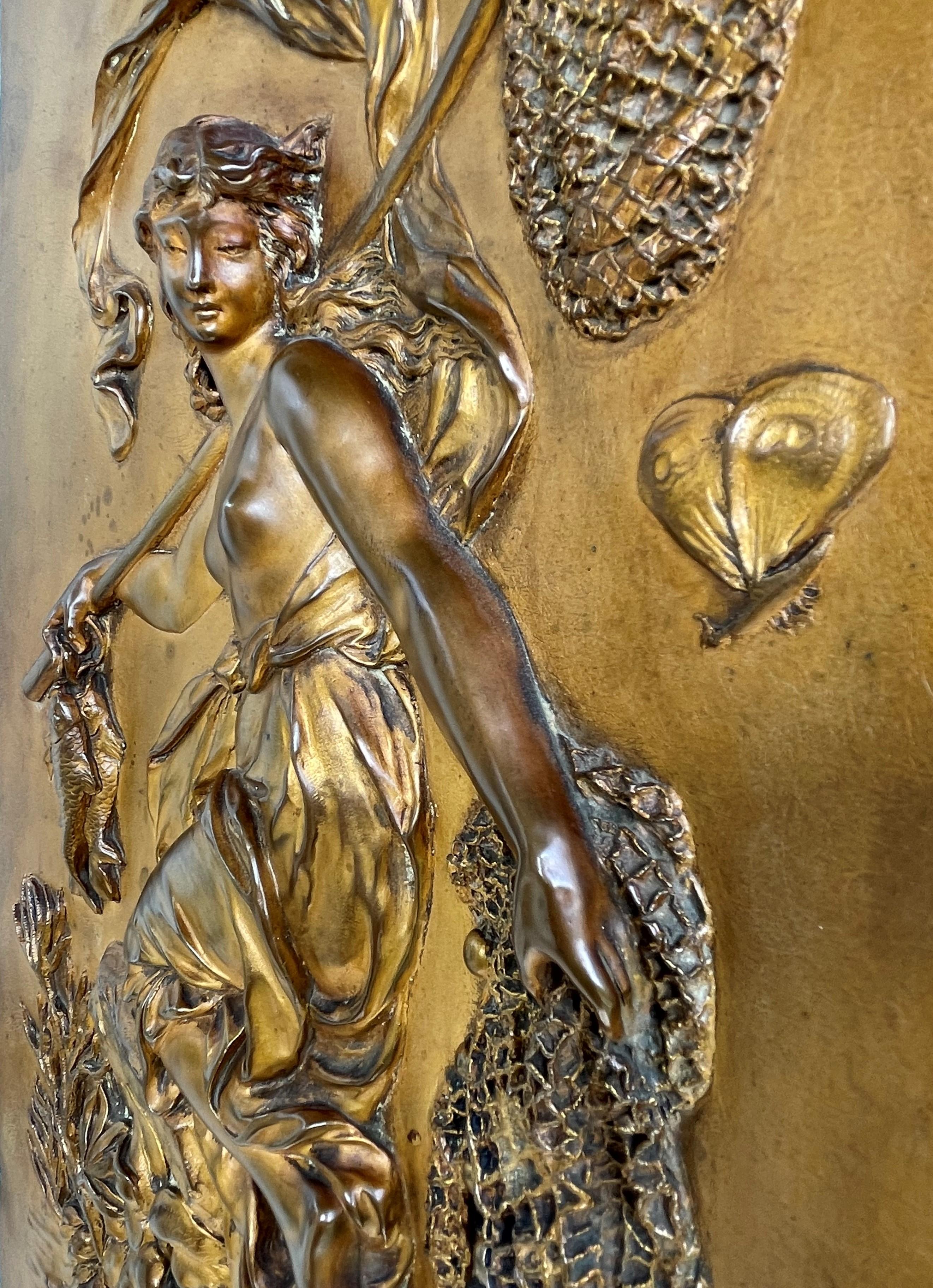 Stunning Antique, Cast & Gilt Copper Plaque Depict, Goddess of Fishing Leucothea 8