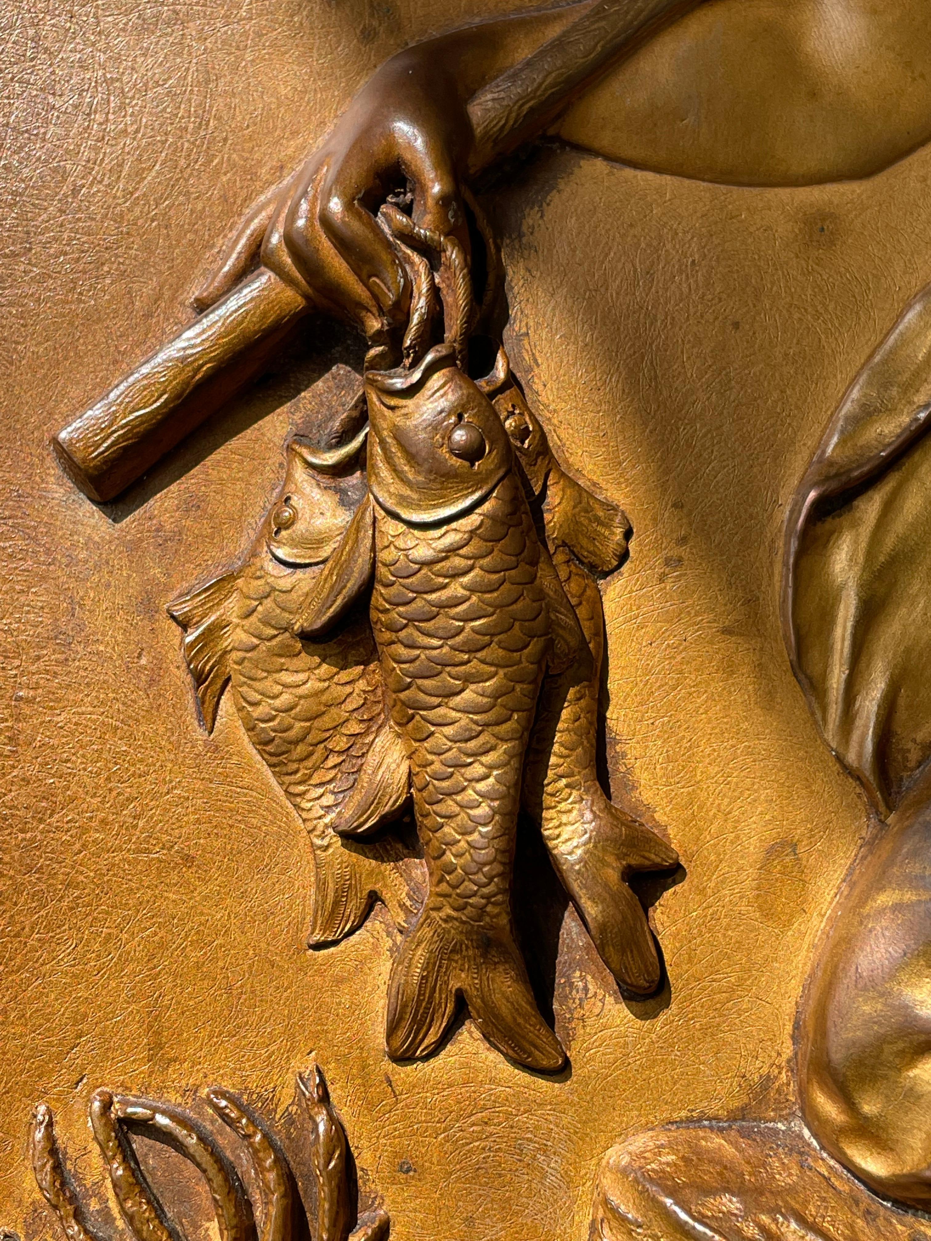 Stunning Antique, Cast & Gilt Copper Plaque Depict, Goddess of Fishing Leucothea 9