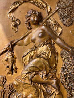Stunning Antique, Cast & Gilt Copper Plaque Depict, Goddess of Fishing Leucothea