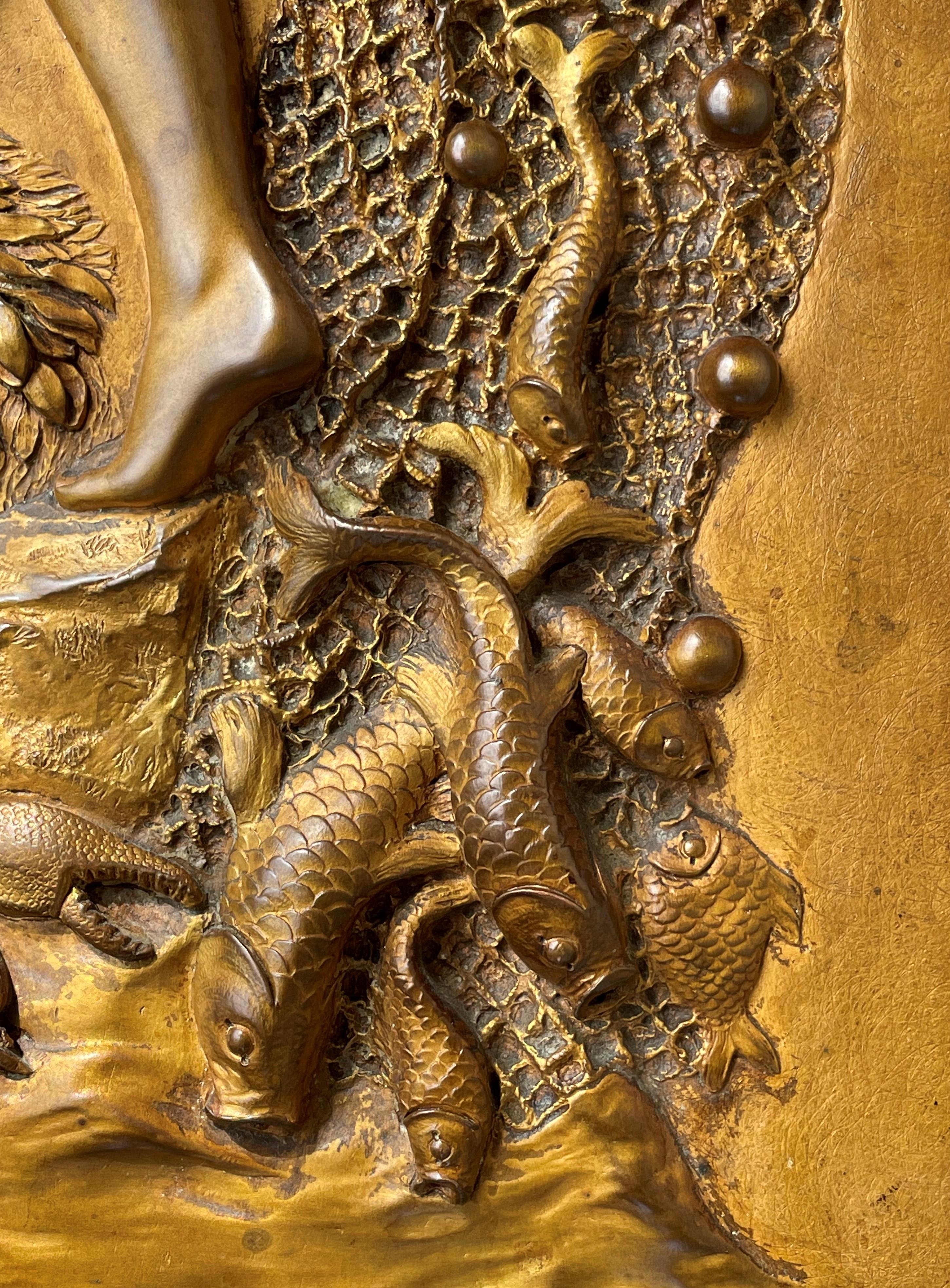European Stunning Antique, Cast & Gilt Copper Plaque Depict, Goddess of Fishing Leucothea