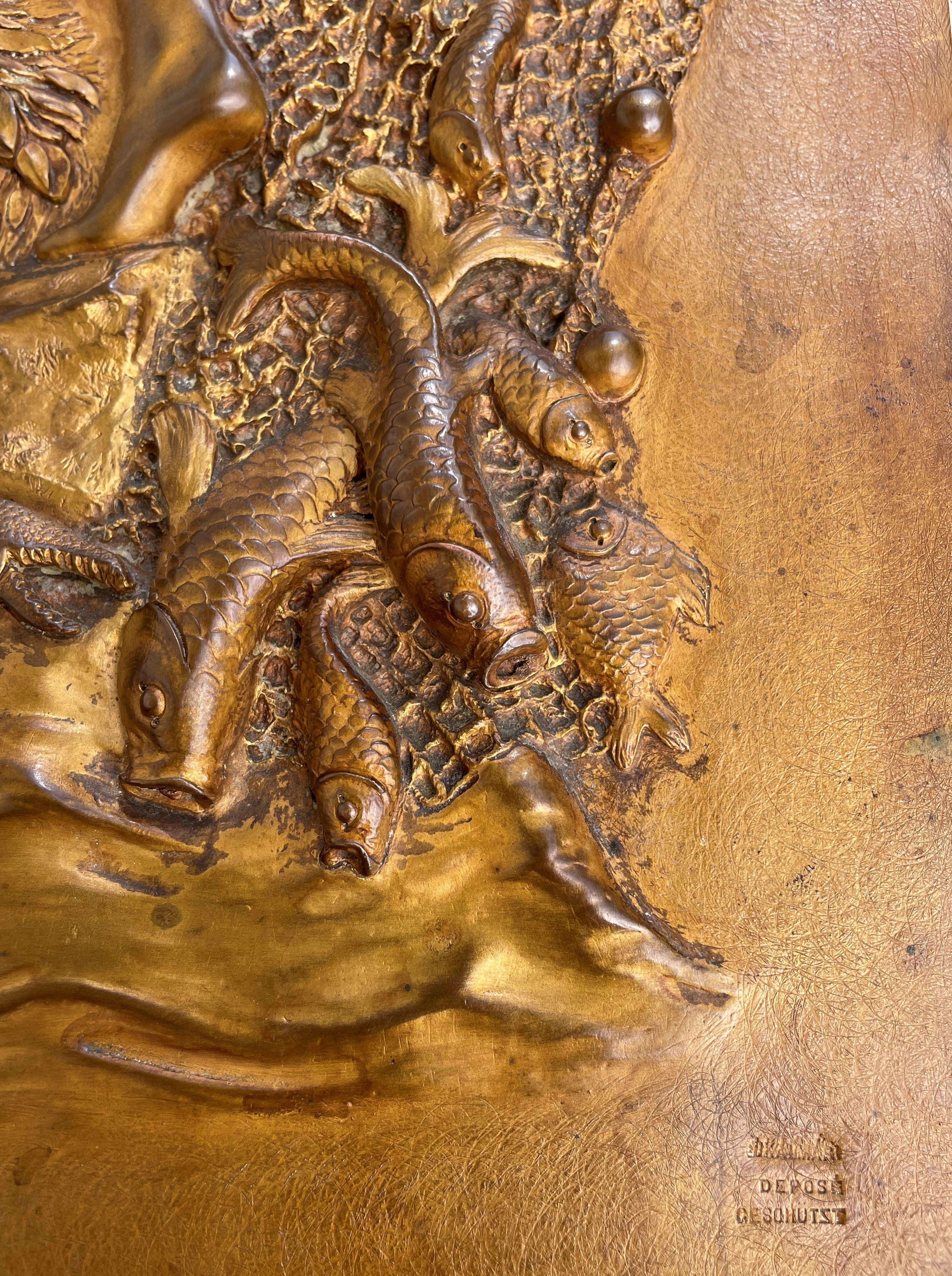 Stunning Antique, Cast & Gilt Copper Plaque Depict, Goddess of Fishing Leucothea 1
