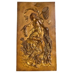 Stunning Antique, Cast & Gilt Copper Plaque Depict, Goddess of Fishing Leucothea