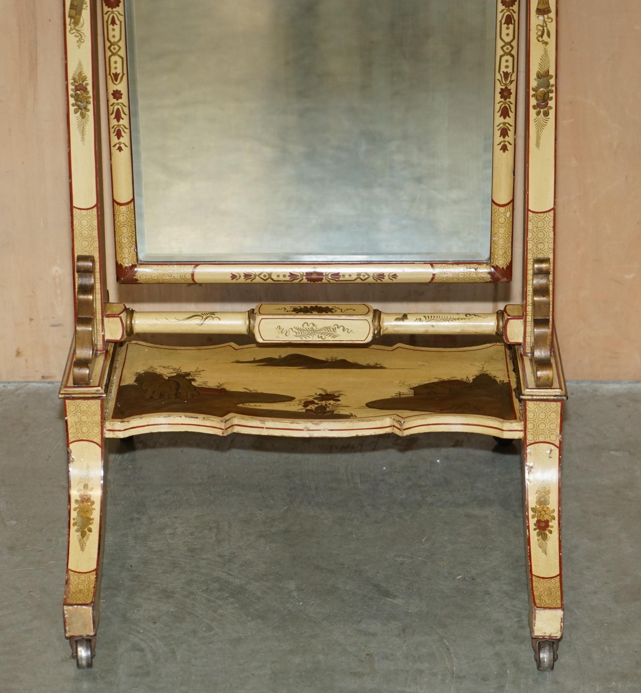 STUNNING ANTiQUE CHINESE EXPORT CIR 1920 HAND PAINTED & LACQUERED CHEVAL MIRROR (Chinesischer Export) im Angebot