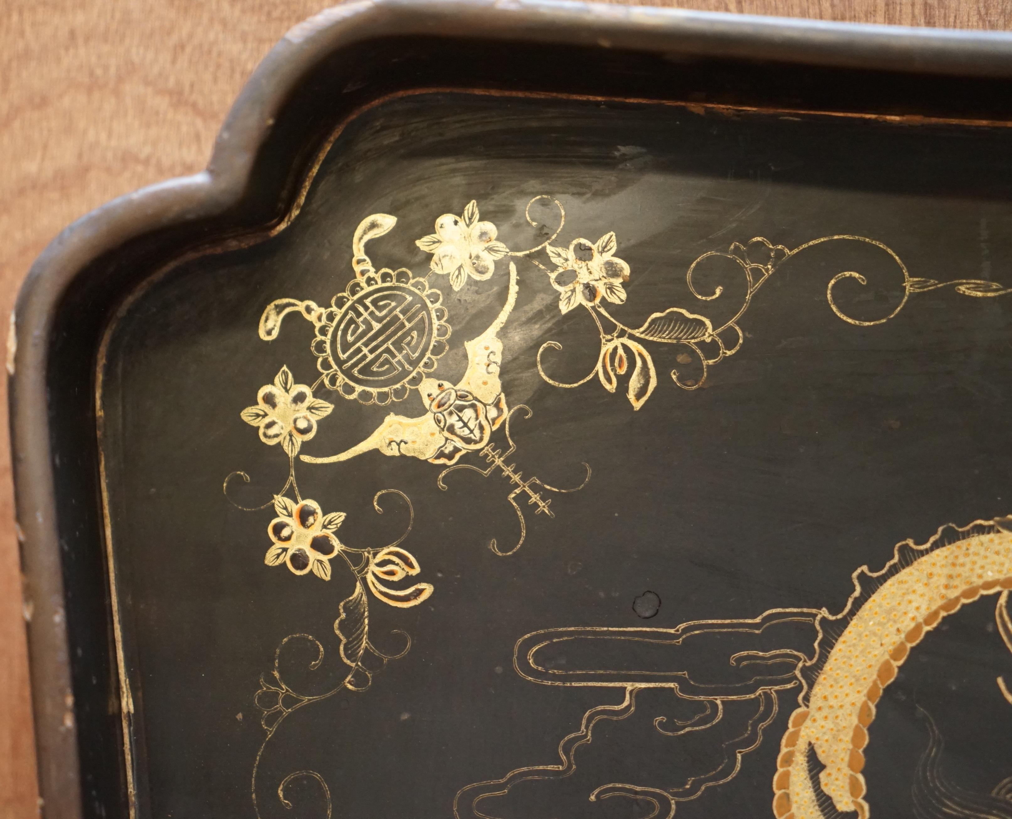 Late 19th Century Stunning Antique Chinese Gold Gilt Painted Paper Mache Large Serving Dinner Tray For Sale