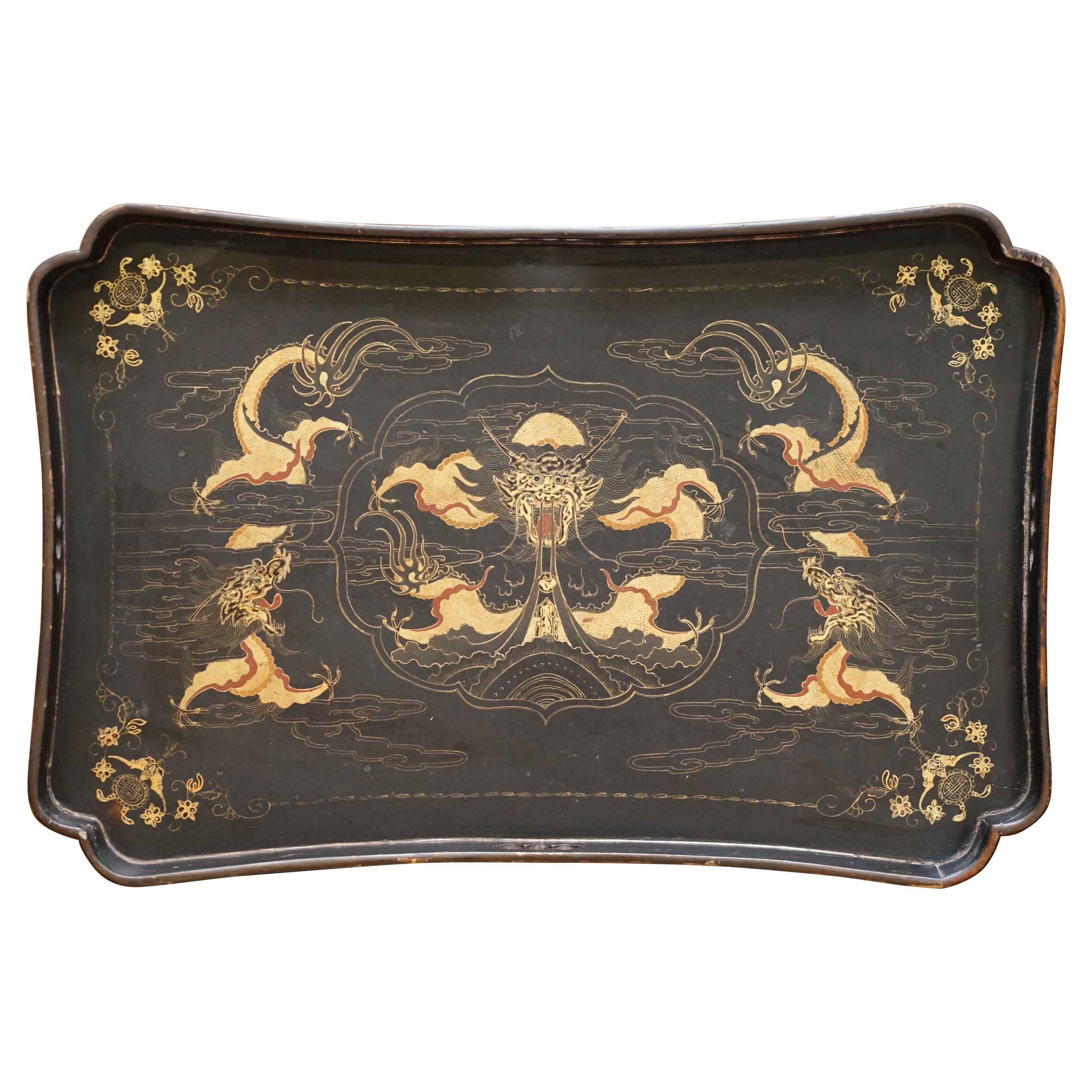Stunning Antique Chinese Gold Gilt Painted Paper Mache Large Serving Dinner Tray For Sale