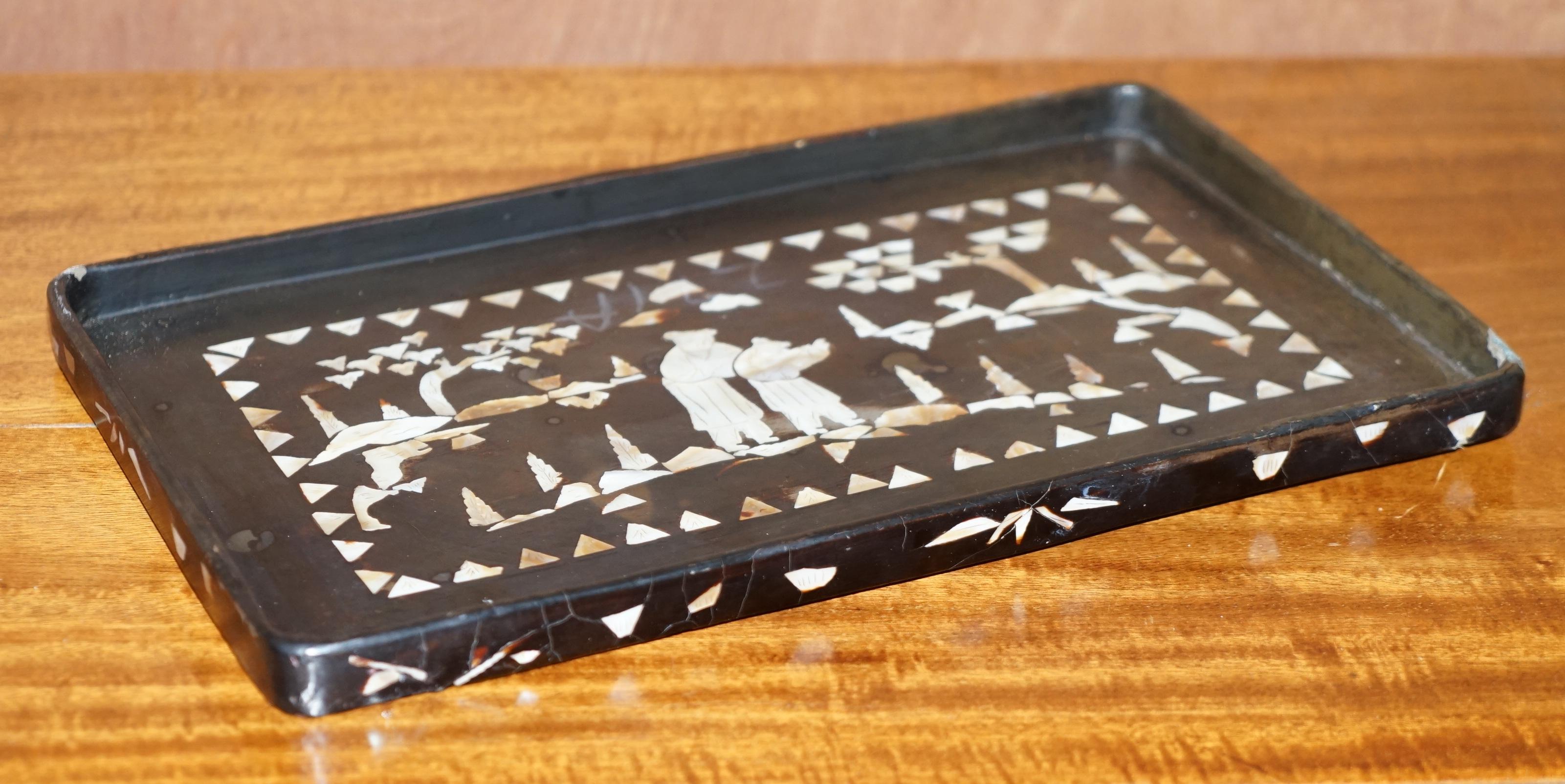 Stunning Antique Chinese Mother of Pearl Inliad Paper Mache Tray Serving Drinks 4