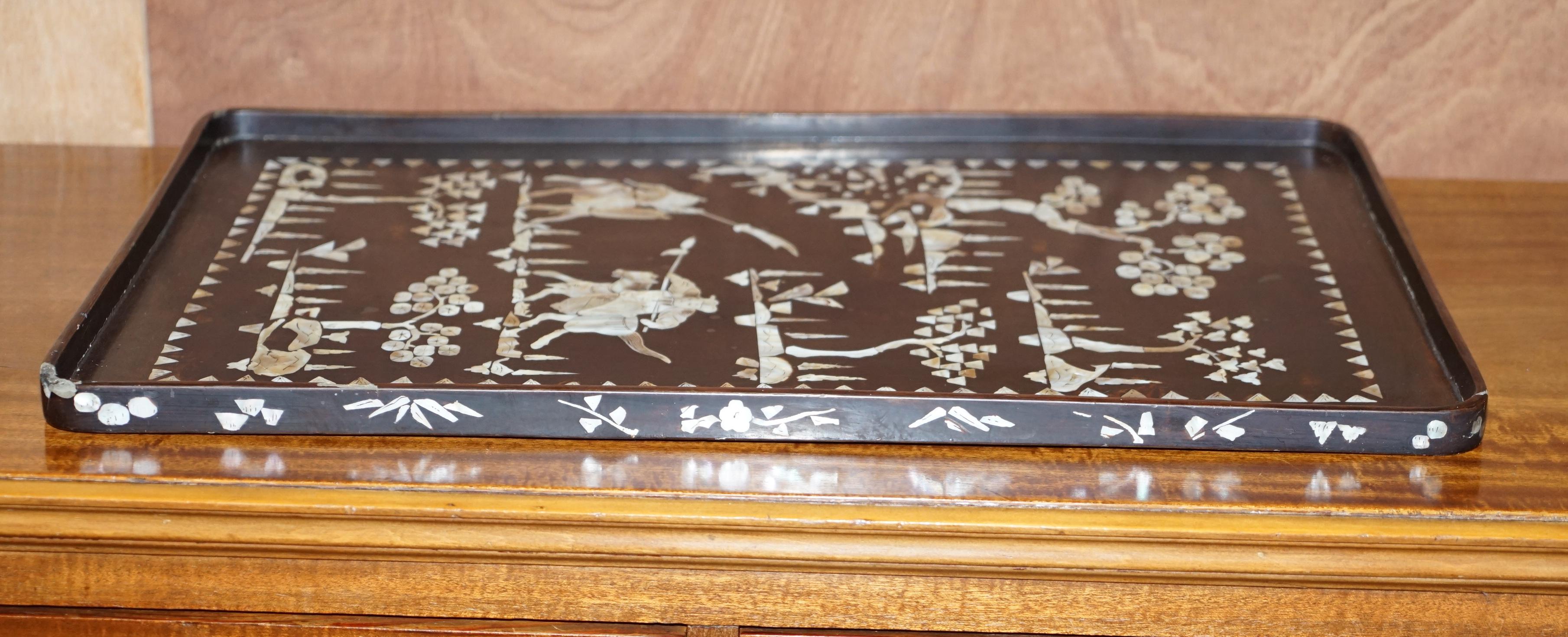 Stunning Antique Chinese Warrior Mother of Pearl Inliad Paper Mache Dinner Tray For Sale 5