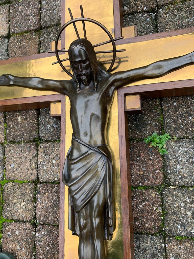 Stunning Church Altar Crucifix with Bronze Sculptures of Christ Mary