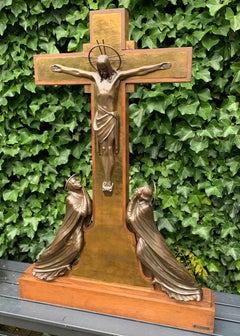 Unique Fine Table Altar Crucifix with Bronze Sculptures of Christ, Mary and John