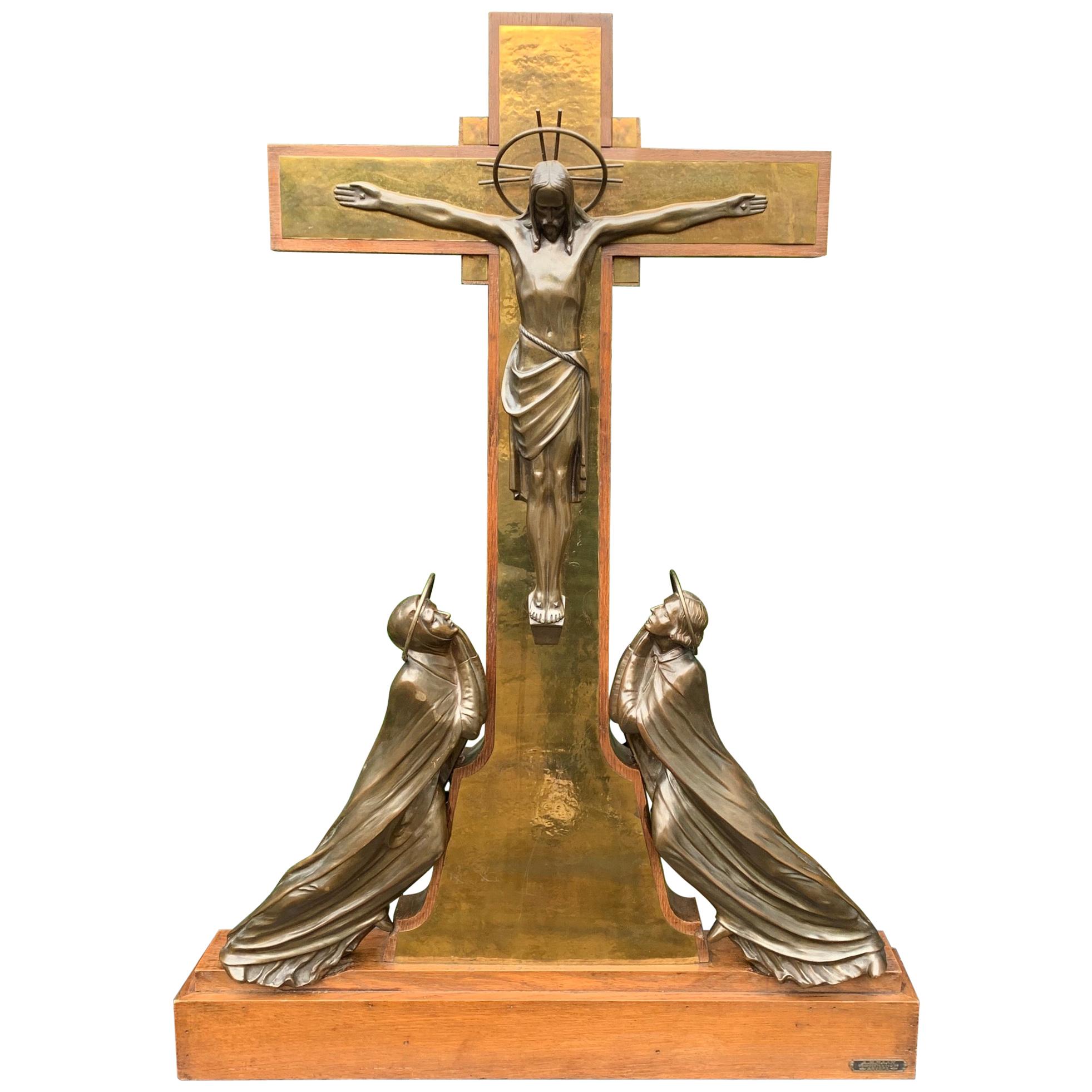 Unique Fine Table Altar Crucifix with Bronze Sculptures of Christ, Mary and John