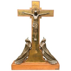 Unique Fine Table Altar Crucifix with Bronze Sculptures of Christ, Mary and John