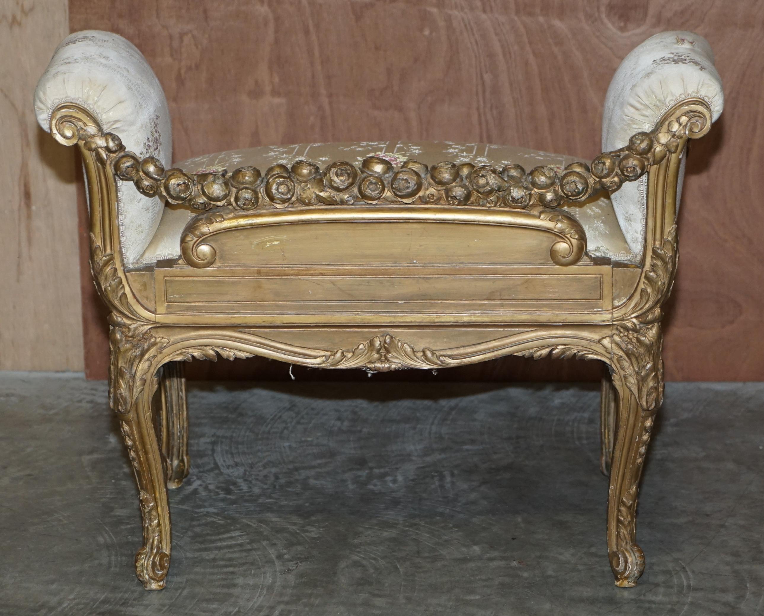 Stunning Antique circa 1840 French Hand Carved Giltwood Window Bench Stool Seat 10