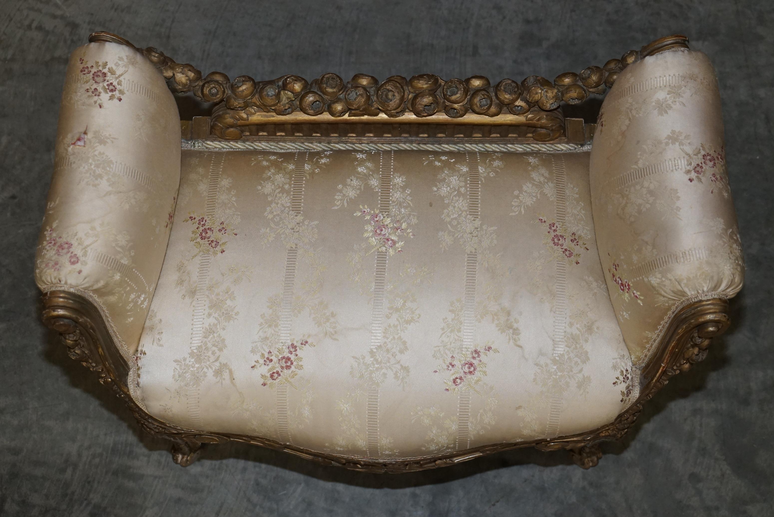 Early Victorian Stunning Antique circa 1840 French Hand Carved Giltwood Window Bench Stool Seat