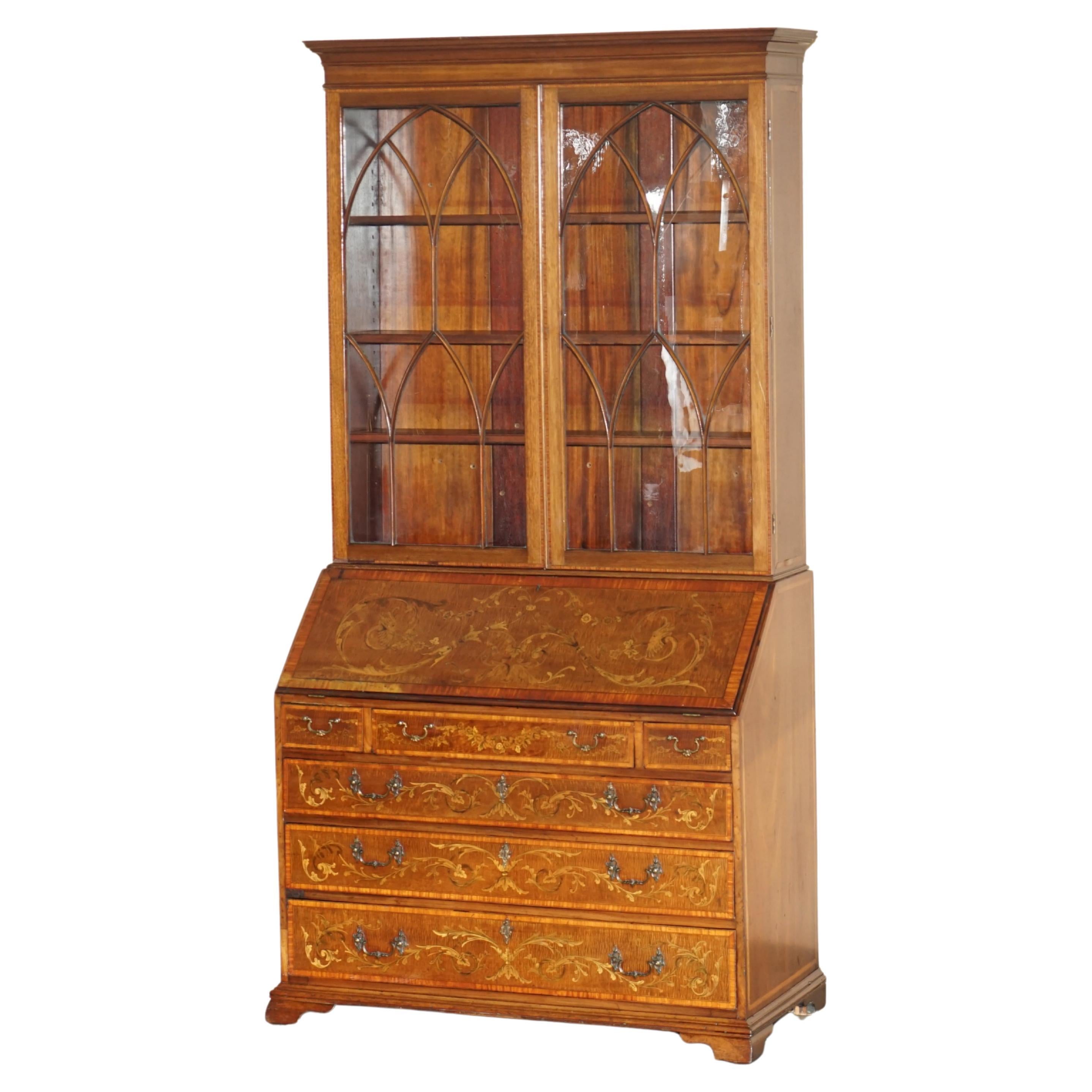 STUNNiNG ANTIQUE CIRCA 1840 SHERATON REVIVAL LIBRARY BUREAU BOOKCASE ON DRAWERS For Sale