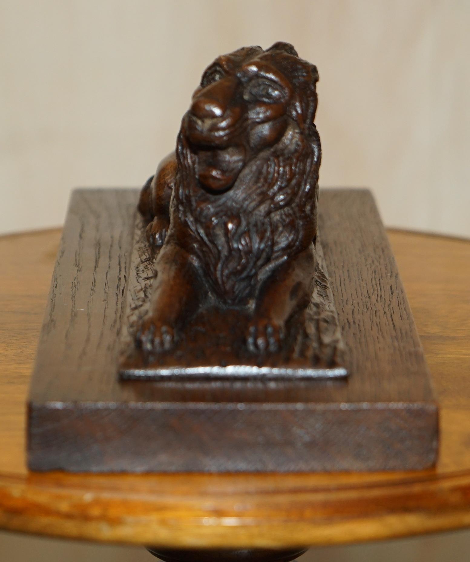 We are delighted to offer for sale this stunning recumbent Lion carved statue on plinth base

A very good looking well made and decorative piece, its hand carved from one piece on English oak, circa 1860 but based on an earlier, 17th century