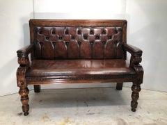 Stunning Antique circa 1900 English Oak & Brown Leather Chesterfield Bench
