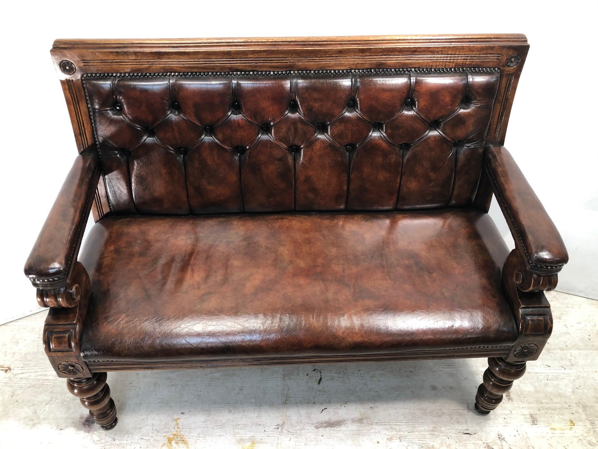 Stunning Antique circa 1900 English Oak & Brown Leather Chesterfield Bench 1