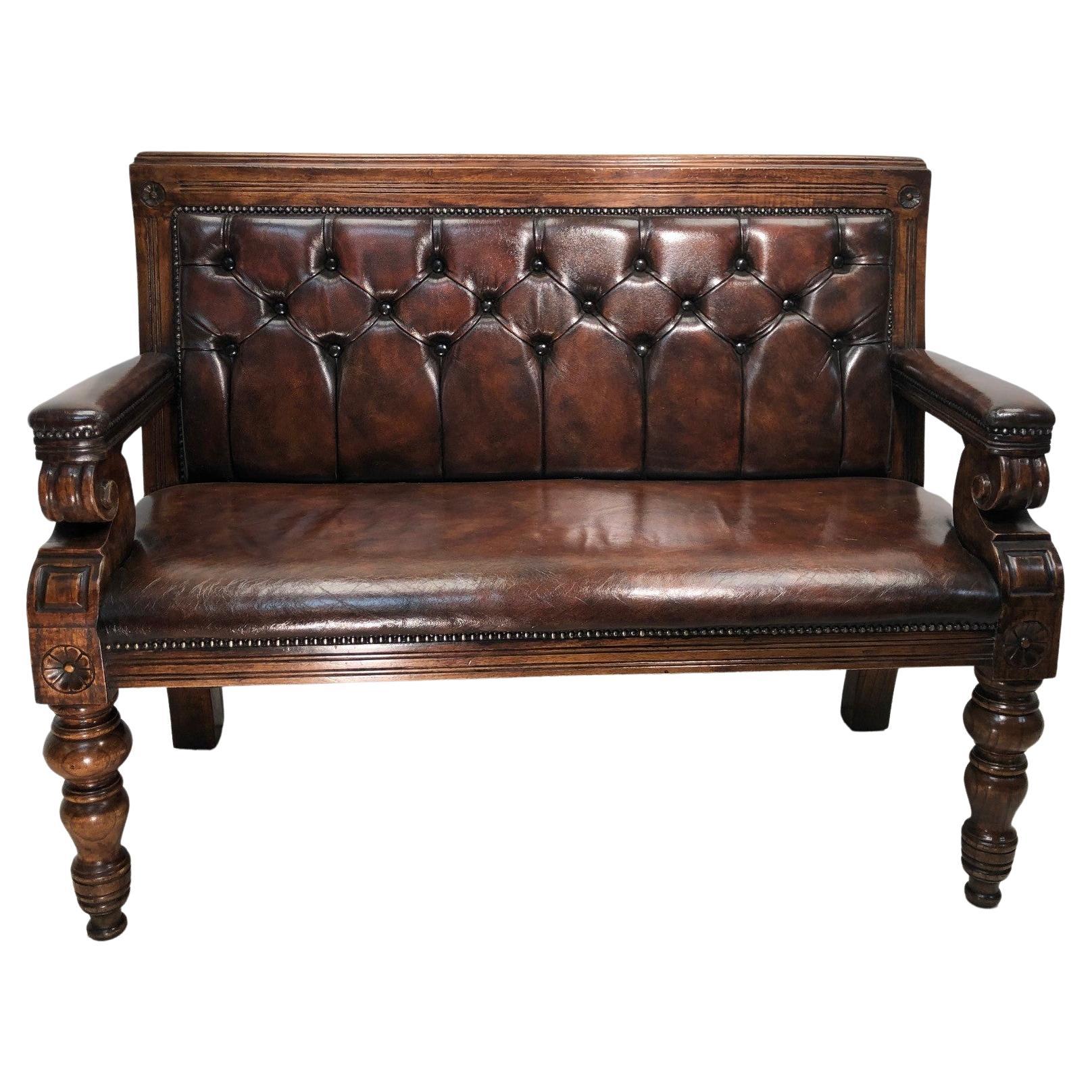 Stunning Antique circa 1900 English Oak & Brown Leather Chesterfield Bench