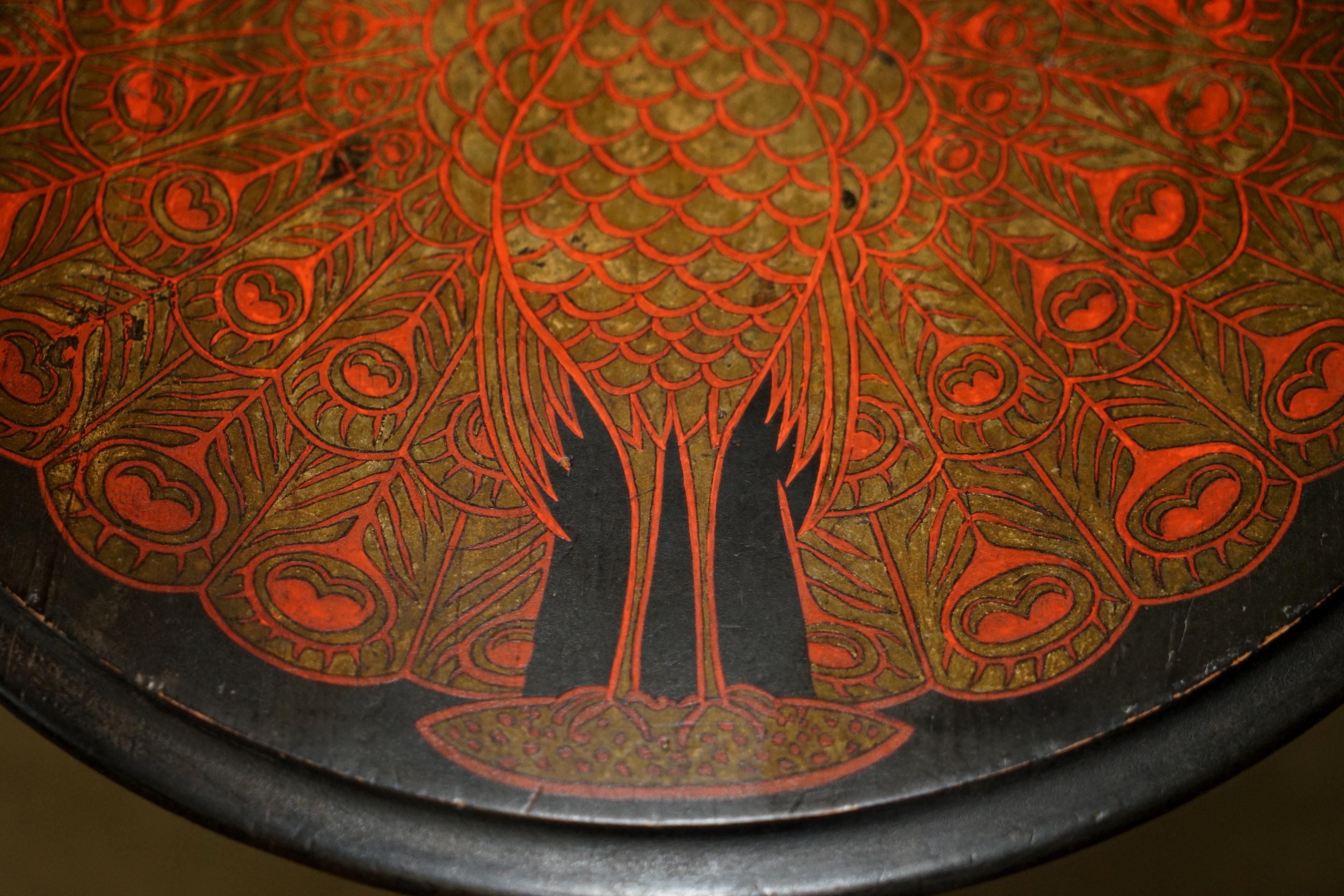 Stunning Antique circa 1900 handmade Peacock Decorated Side End Lamp Wine Table For Sale 4