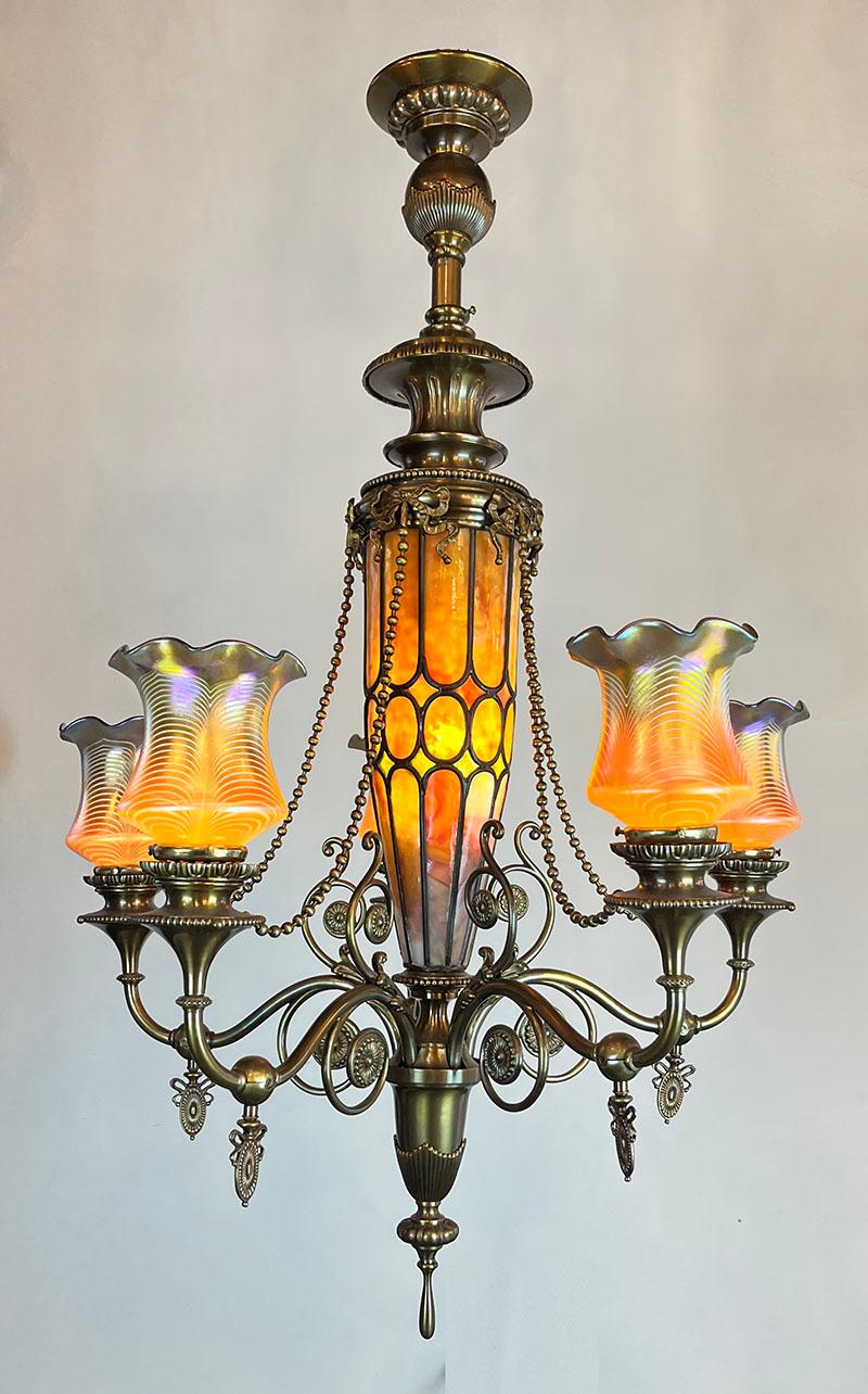 One of the jewels of our collection and the finest American early electric fixture we have ever had. Made by Gibson Gas Fixture works of Philadelphia, it is cataloged in their 1901 catalog. See images. This was an high end fixture Beaux Arts fixture