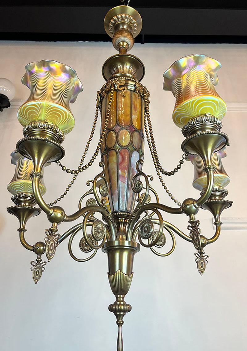 American Stunning Antique Circa 1901 Gibson Gas Fixture Works Chandelier  For Sale