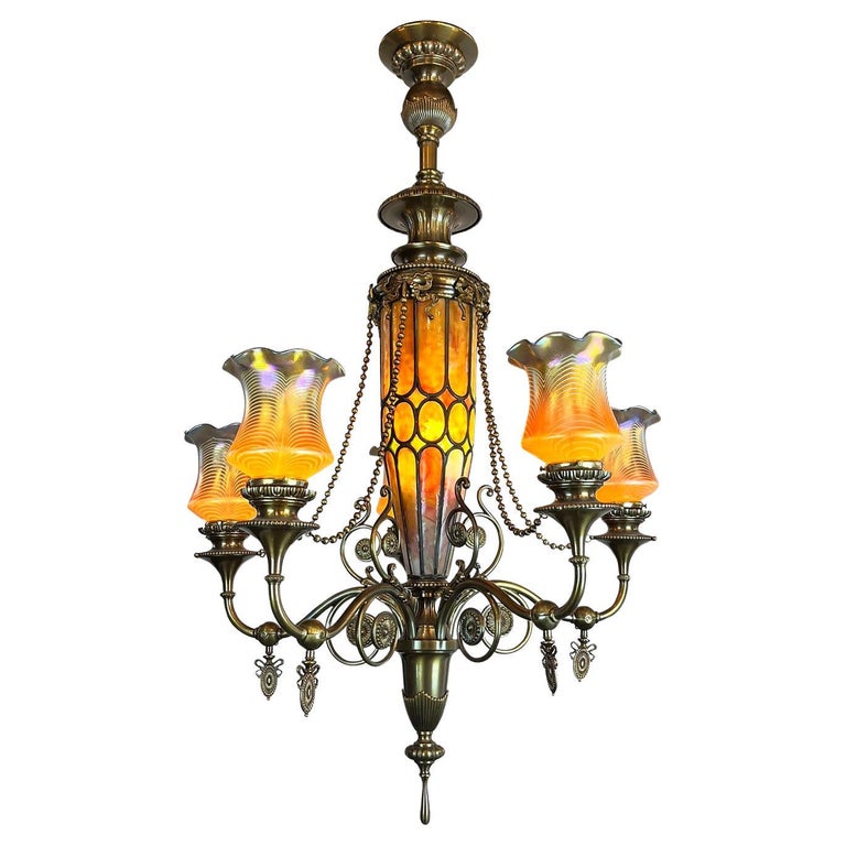 Matching Antique Chandeliers with Original Glass Shades, c. 1900