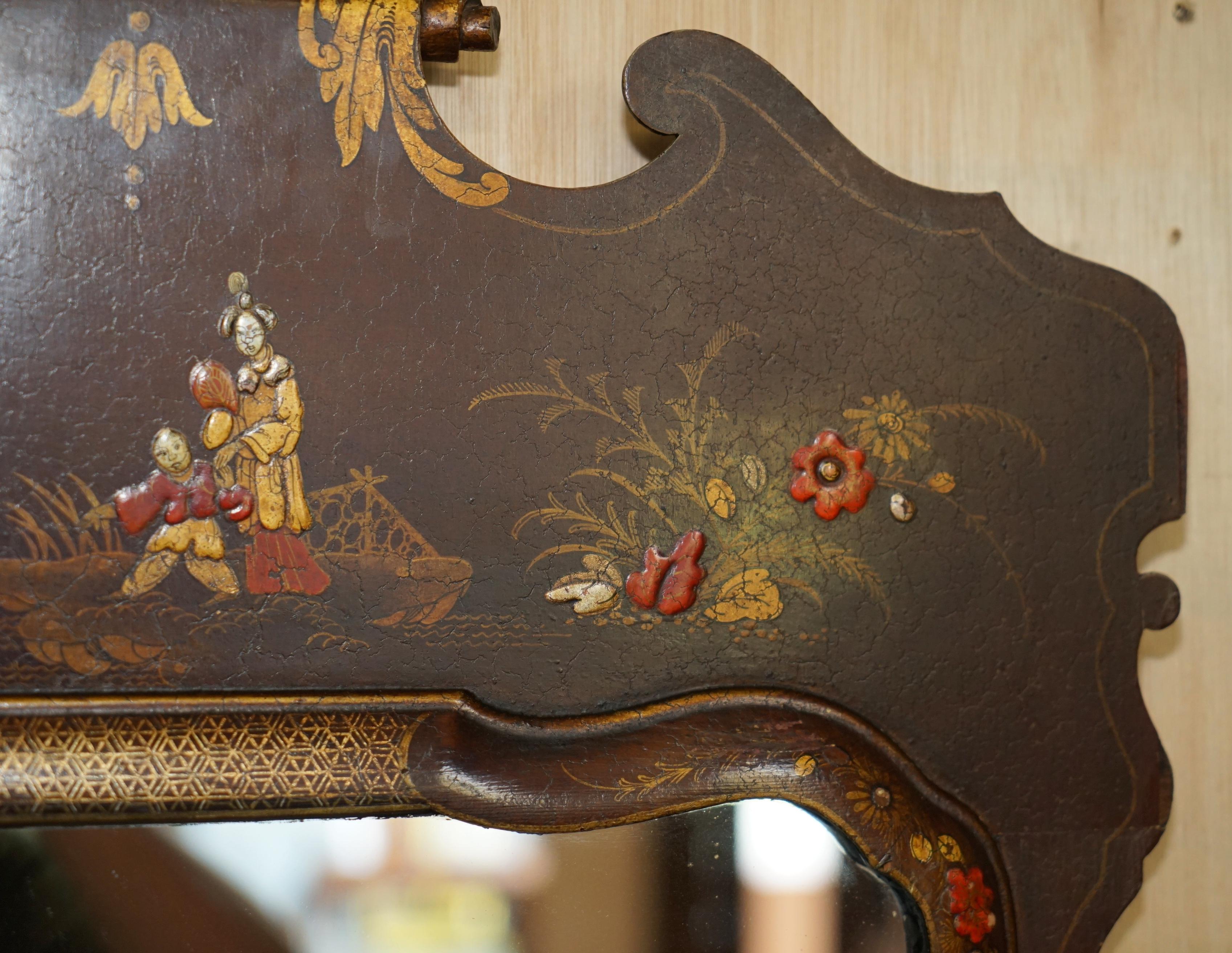 Mirror STUNNiNG ANTIQUE CIRCA 1910 CHINESE CHINOISERIE MIRROR ORNATE HAND PAINTINGS For Sale