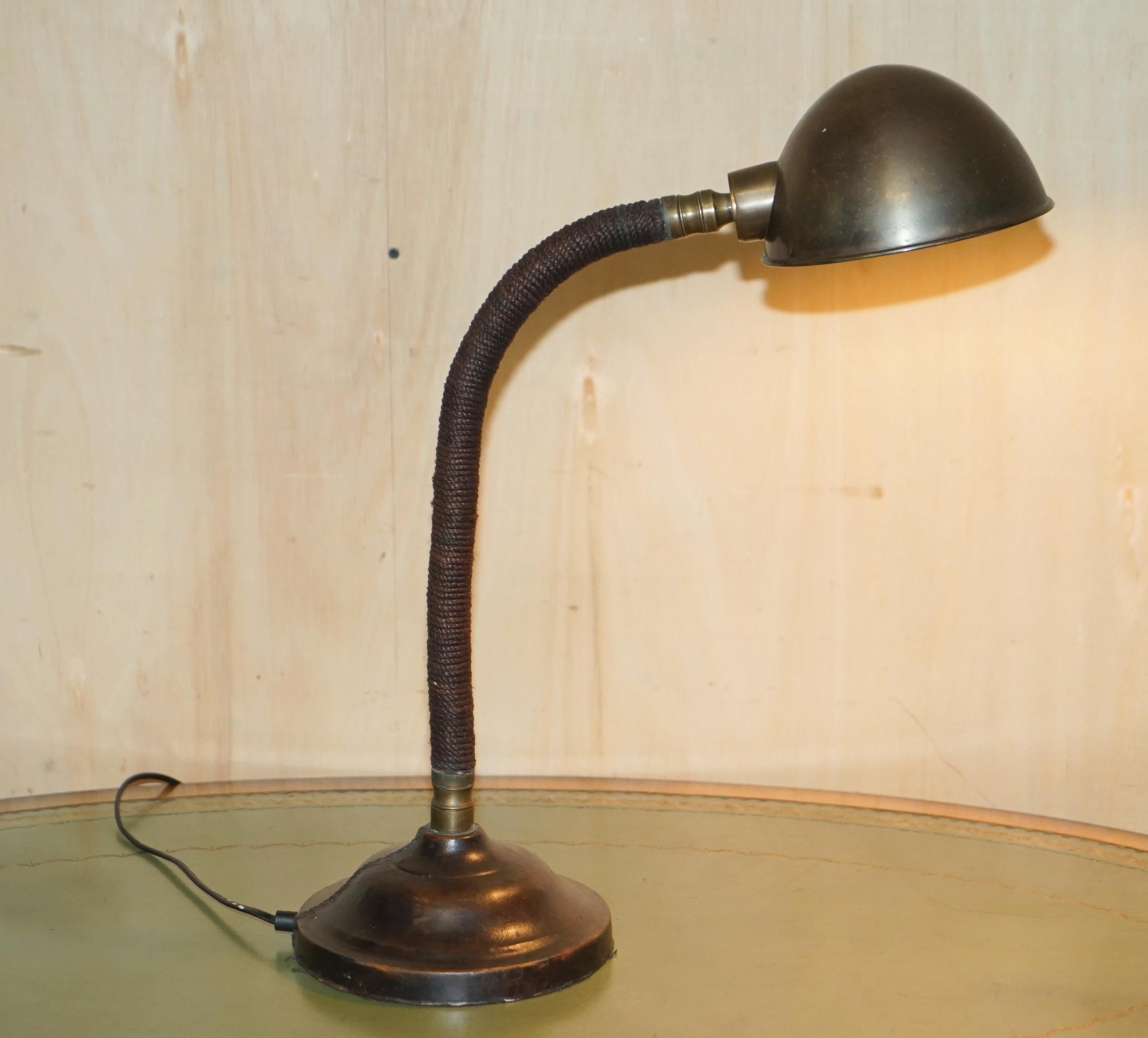 Stunning Antique circa 1930's Art Deco Bankers Table Lamp Stitched Leather Rope For Sale 4