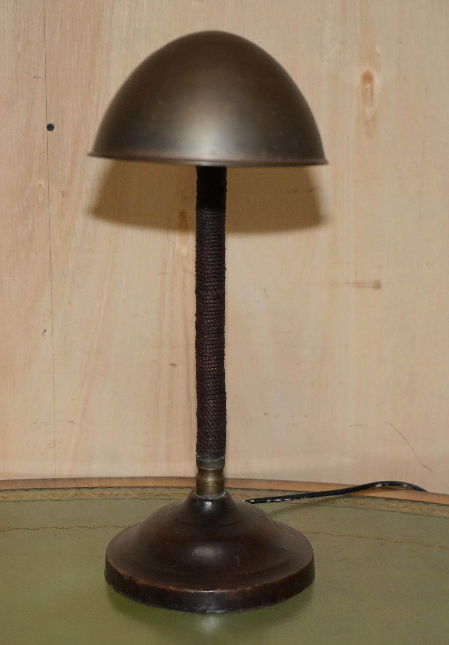 English Stunning Antique circa 1930's Art Deco Bankers Table Lamp Stitched Leather Rope For Sale