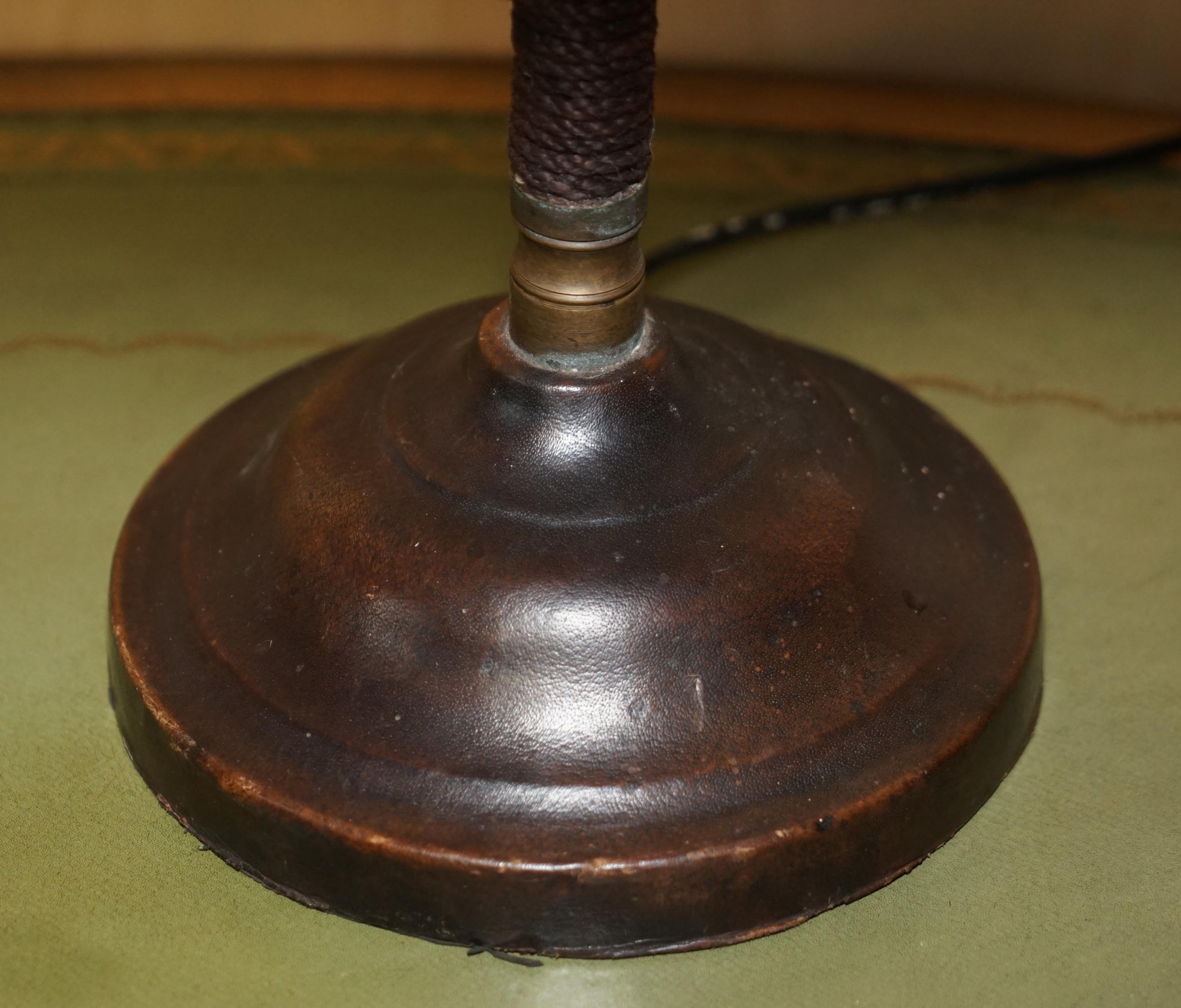 Mid-20th Century Stunning Antique circa 1930's Art Deco Bankers Table Lamp Stitched Leather Rope For Sale