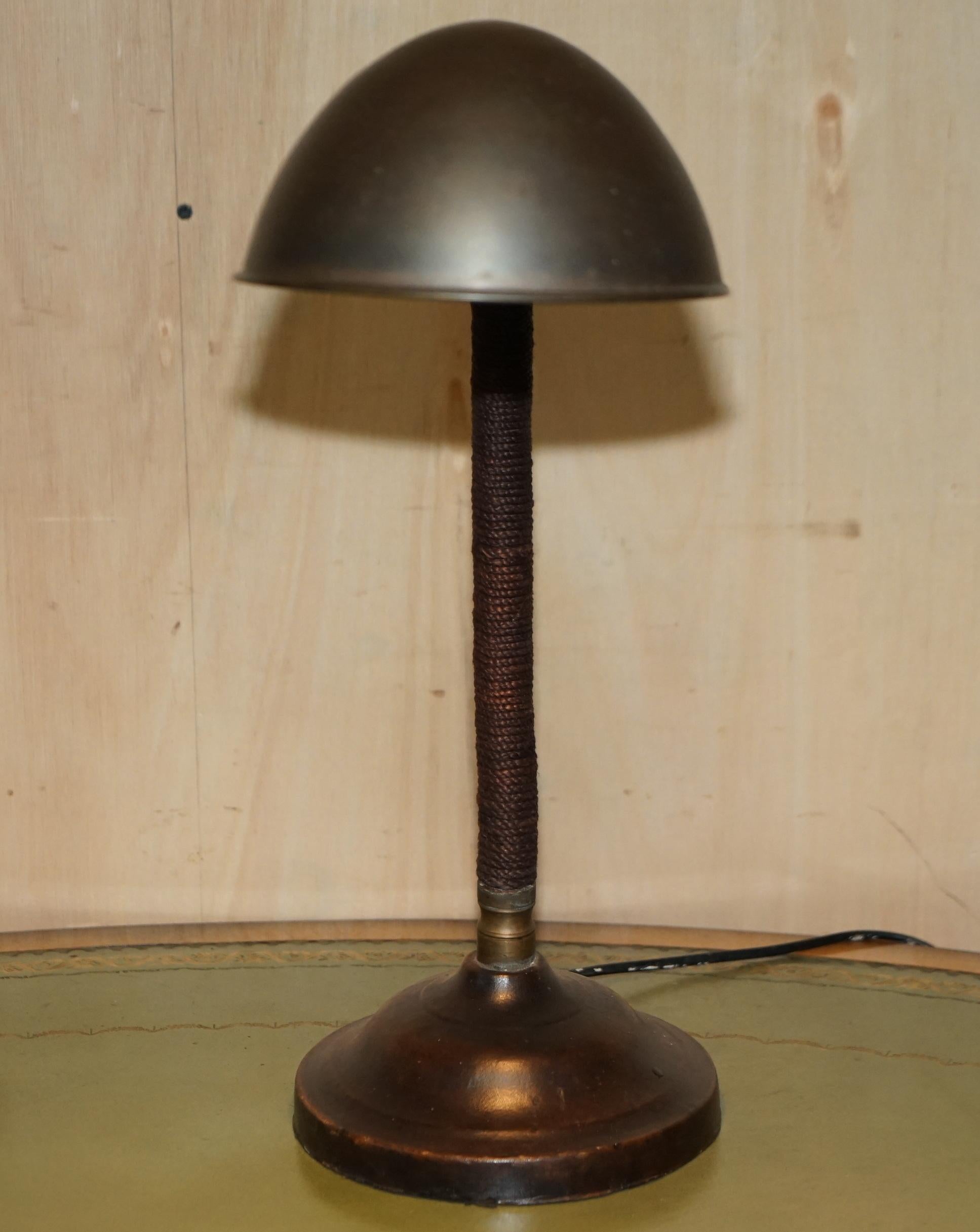 Stunning Antique circa 1930's Art Deco Bankers Table Lamp Stitched Leather Rope For Sale 2