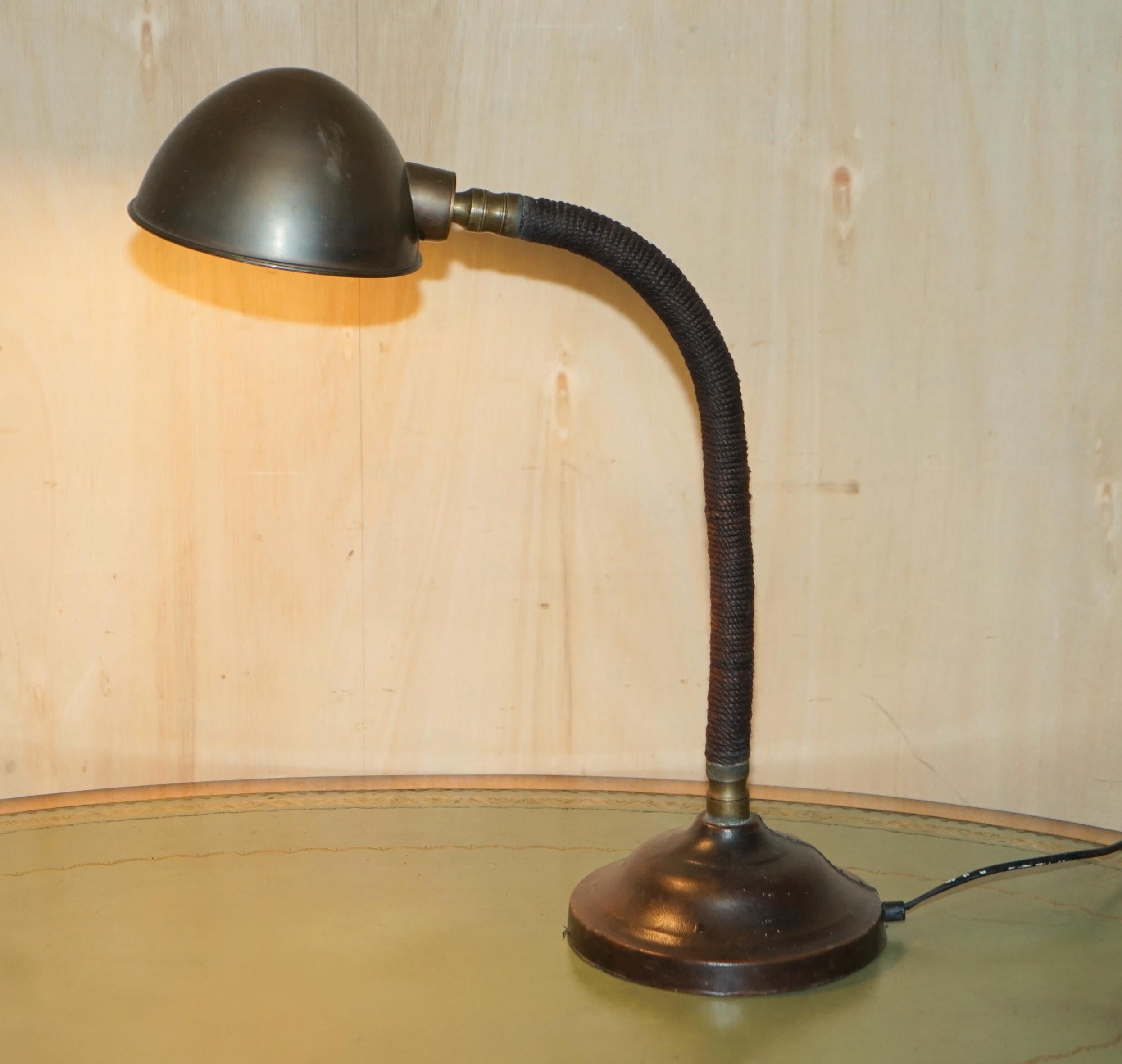 Stunning Antique circa 1930's Art Deco Bankers Table Lamp Stitched Leather Rope For Sale 3