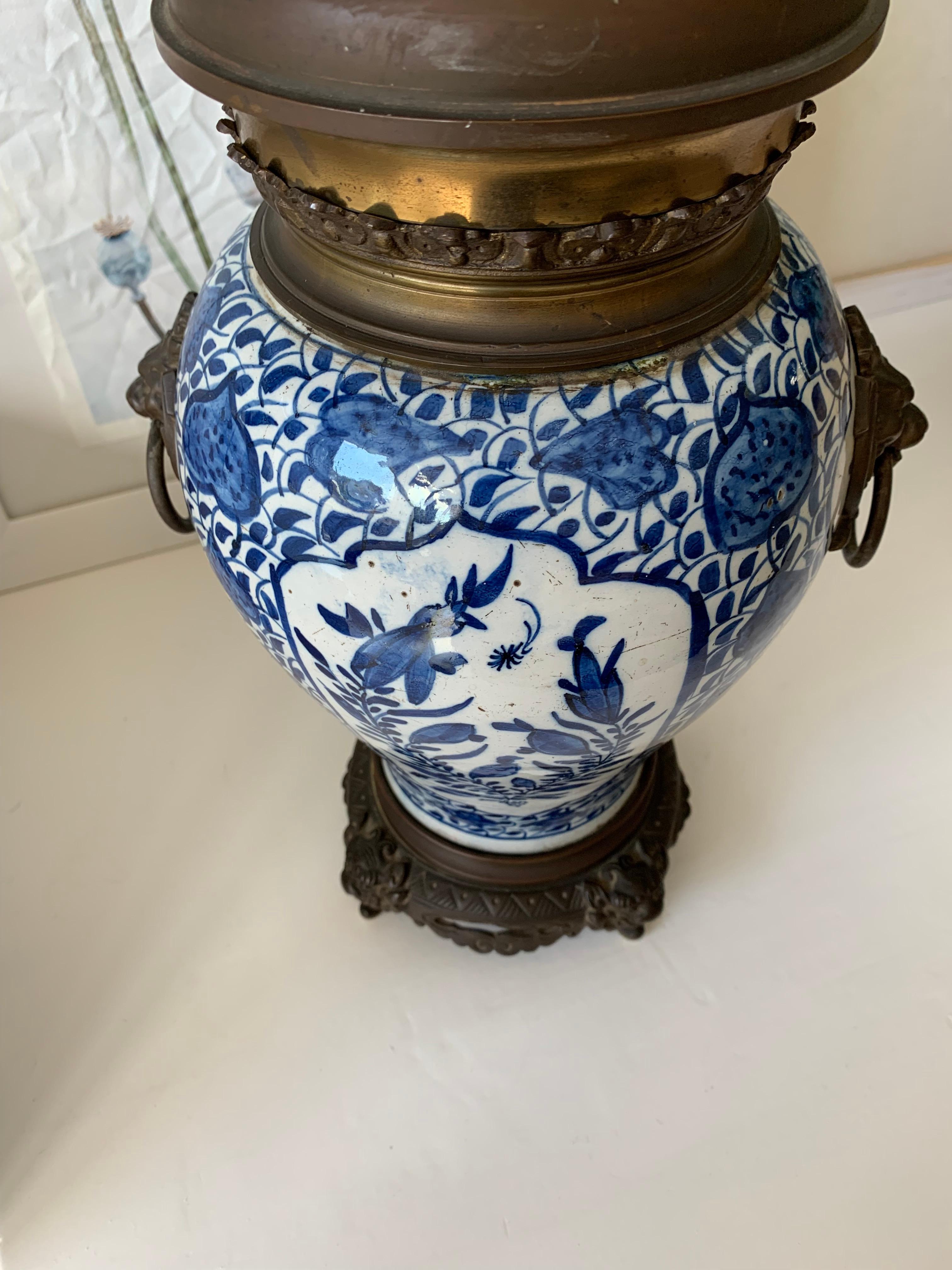 Stunning Antique Dutch Delft Blue & White Lamp with Bronze Base, Top & Handles 4