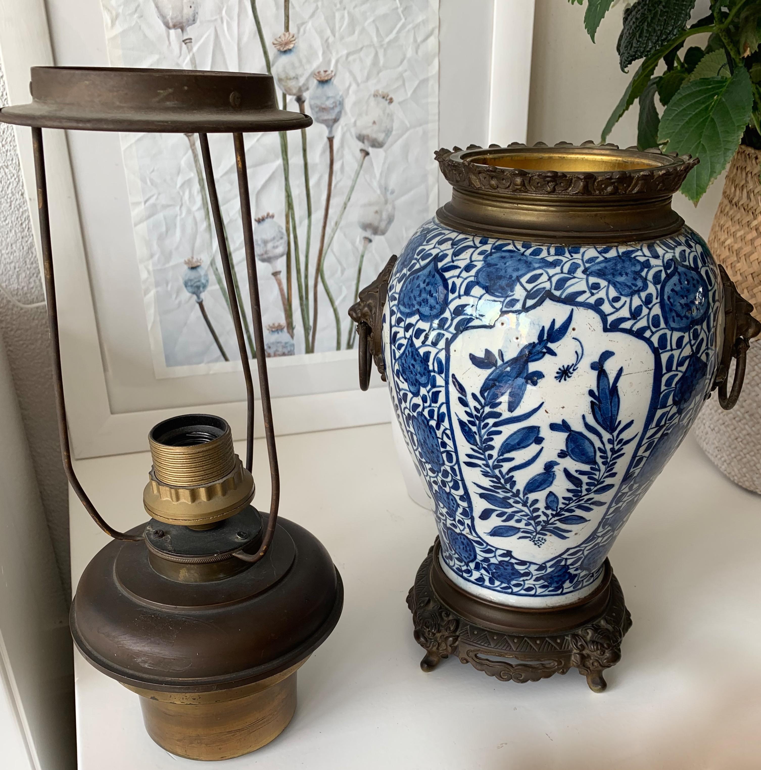 Stunning Antique Dutch Delft Blue & White Lamp with Bronze Base, Top & Handles 6