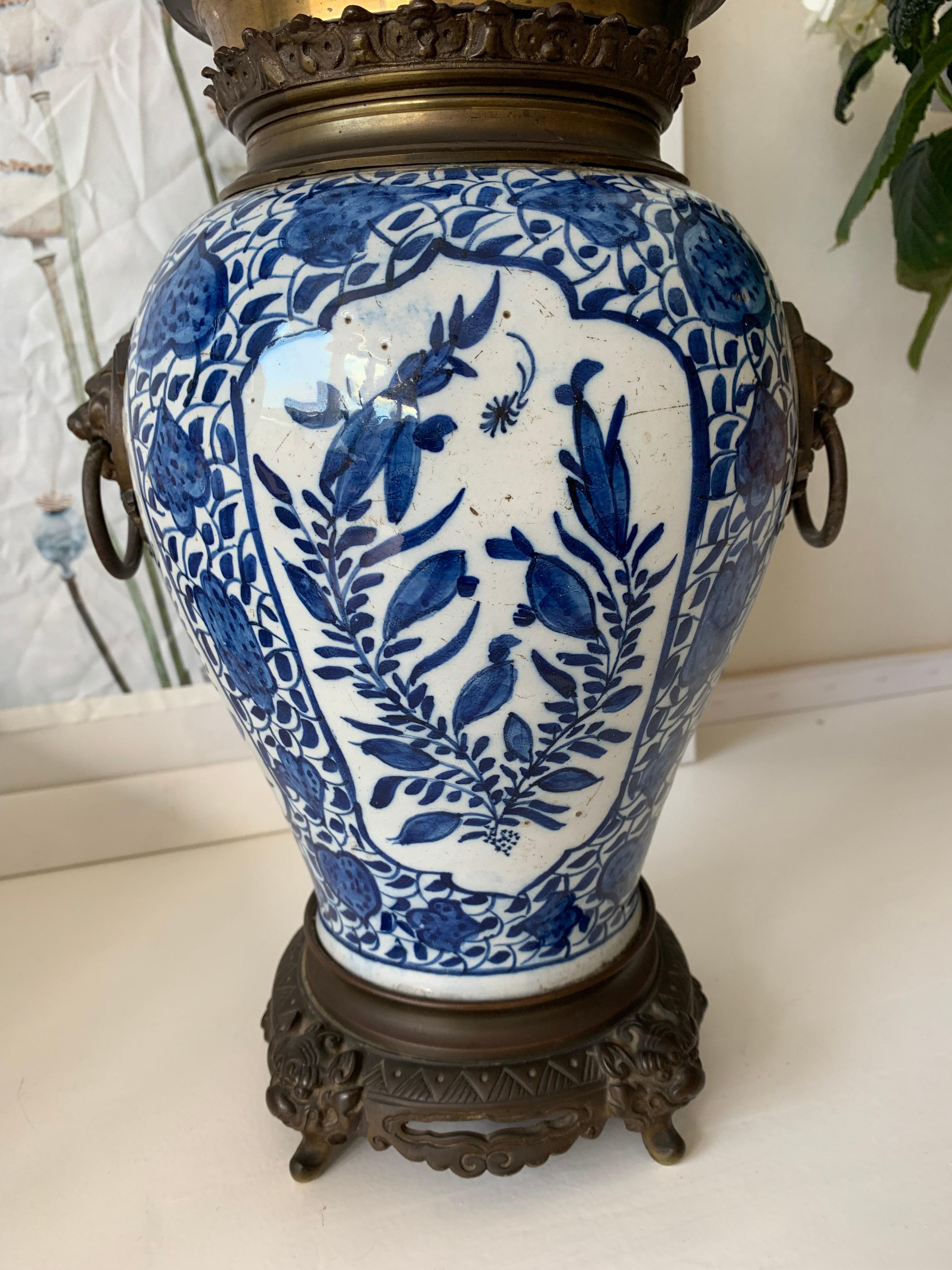 Stunning Antique Dutch Delft Blue & White Lamp with Bronze Base, Top & Handles 12