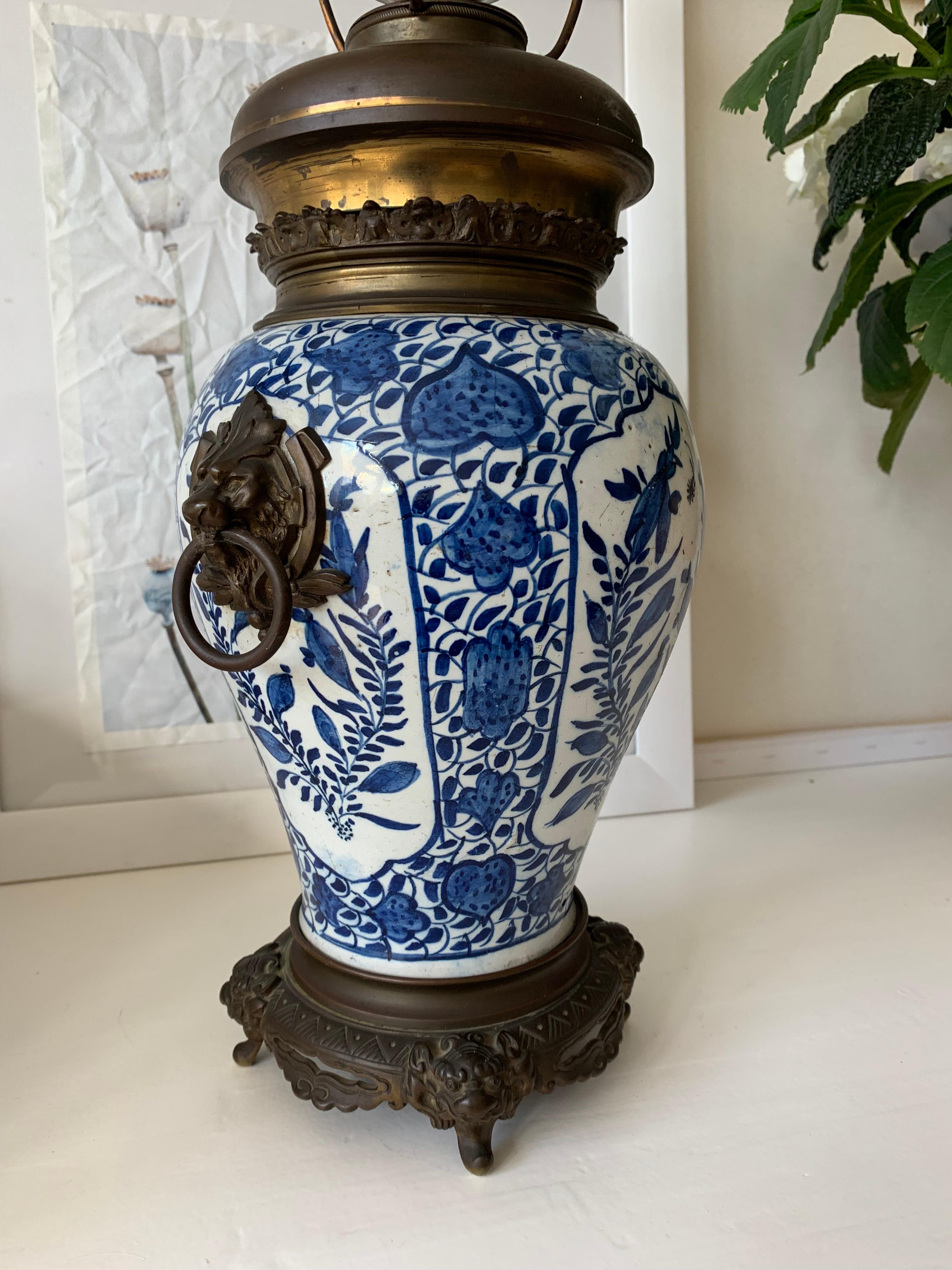 Glazed Stunning Antique Dutch Delft Blue & White Lamp with Bronze Base, Top & Handles