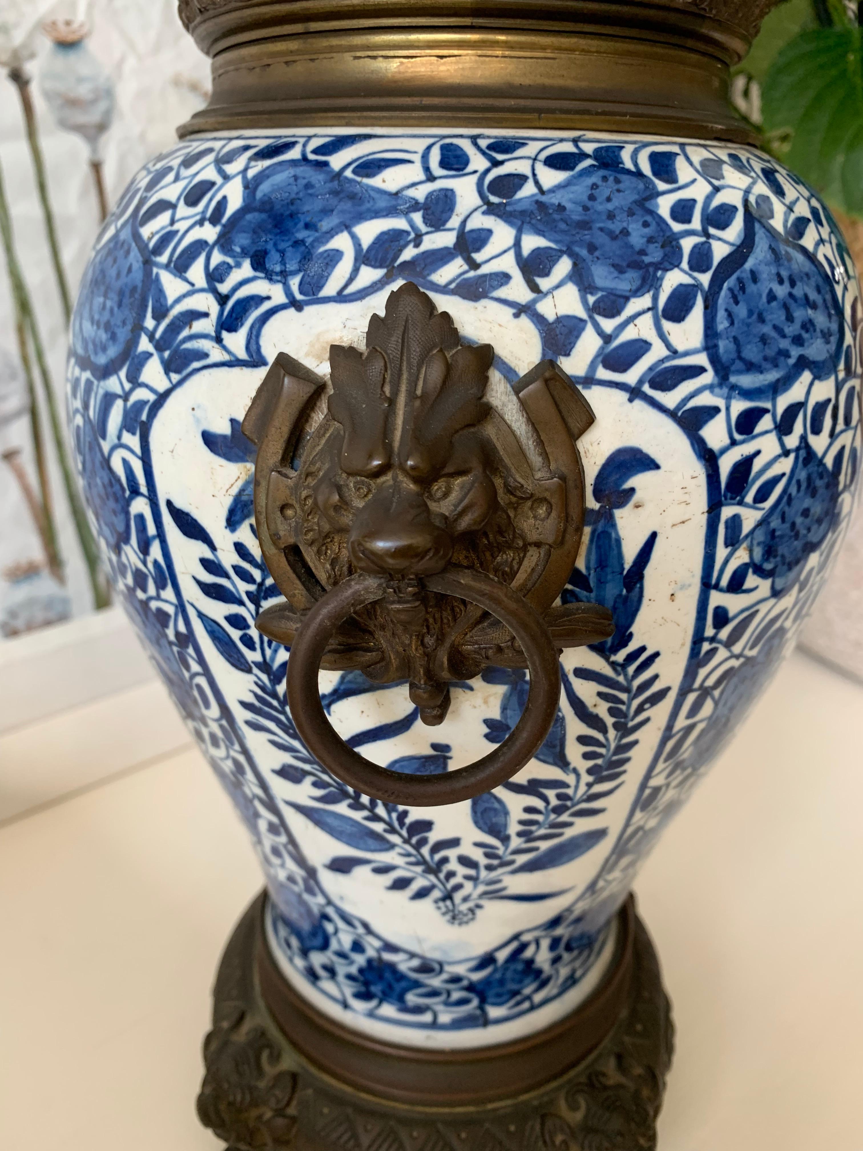 Brass Stunning Antique Dutch Delft Blue & White Lamp with Bronze Base, Top & Handles