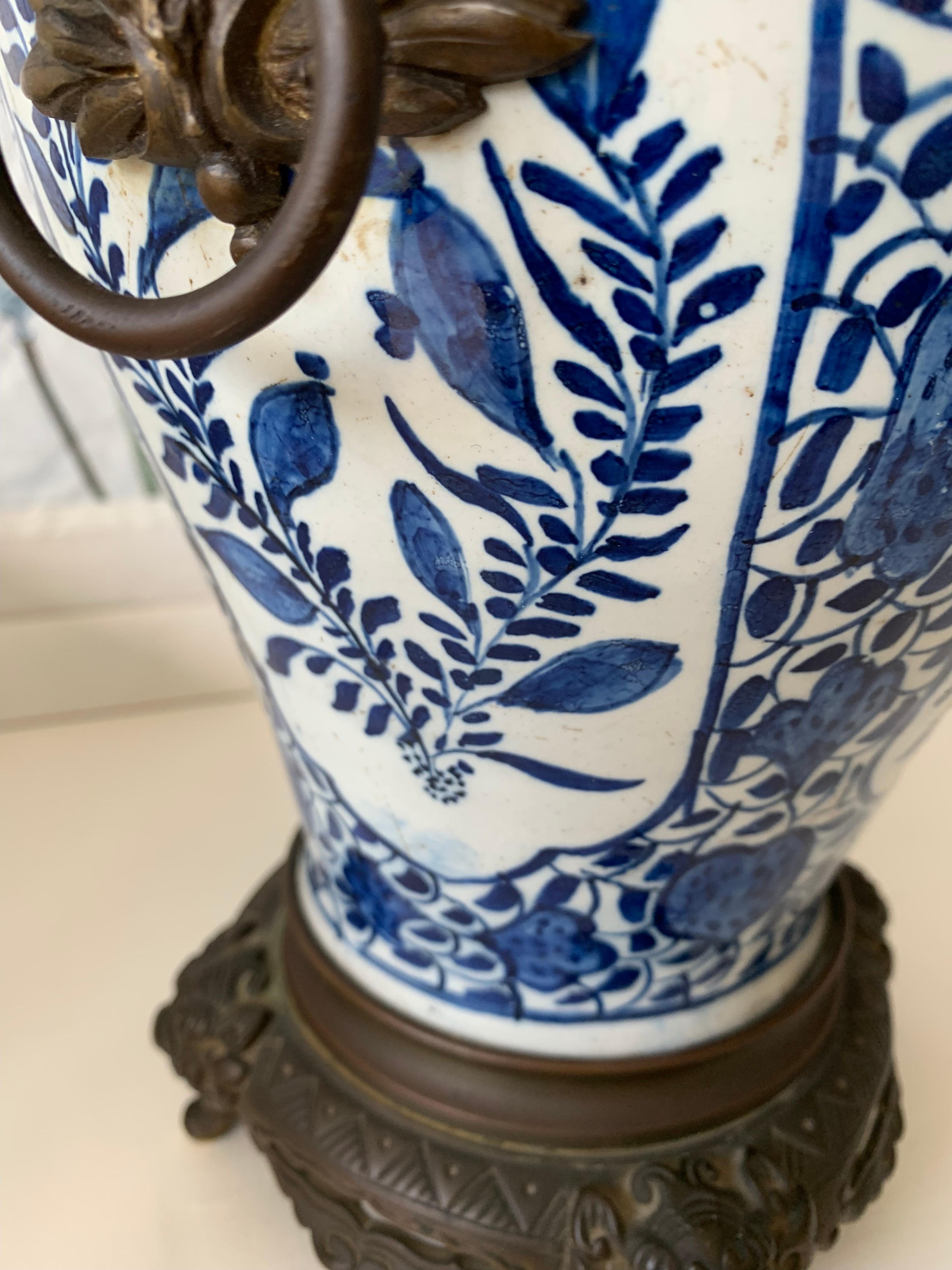 Stunning Antique Dutch Delft Blue & White Lamp with Bronze Base, Top & Handles 2