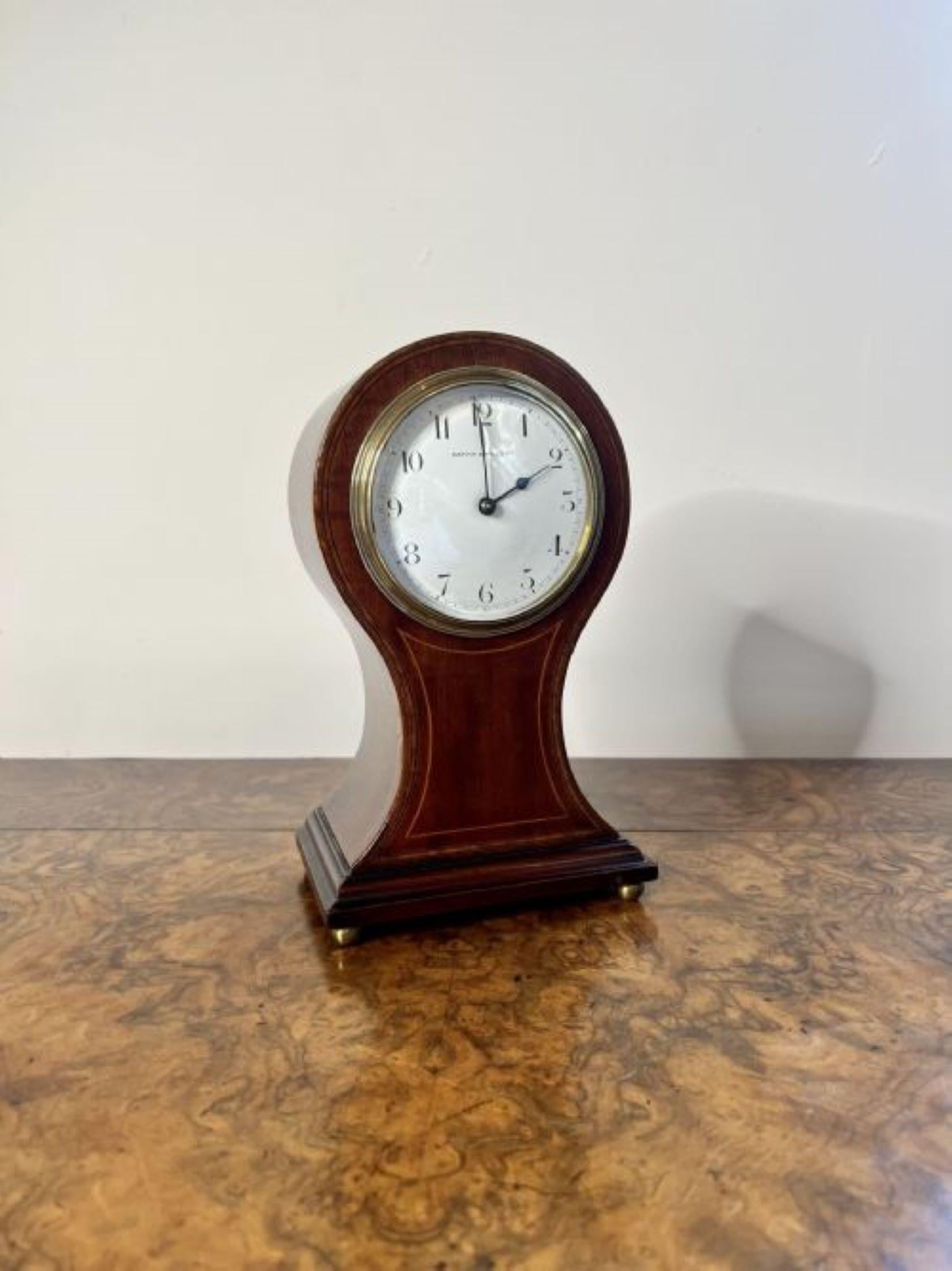 Stunning antique Edwardian inlaid mahogany balloon clock by Mappin & Webb In Good Condition For Sale In Ipswich, GB