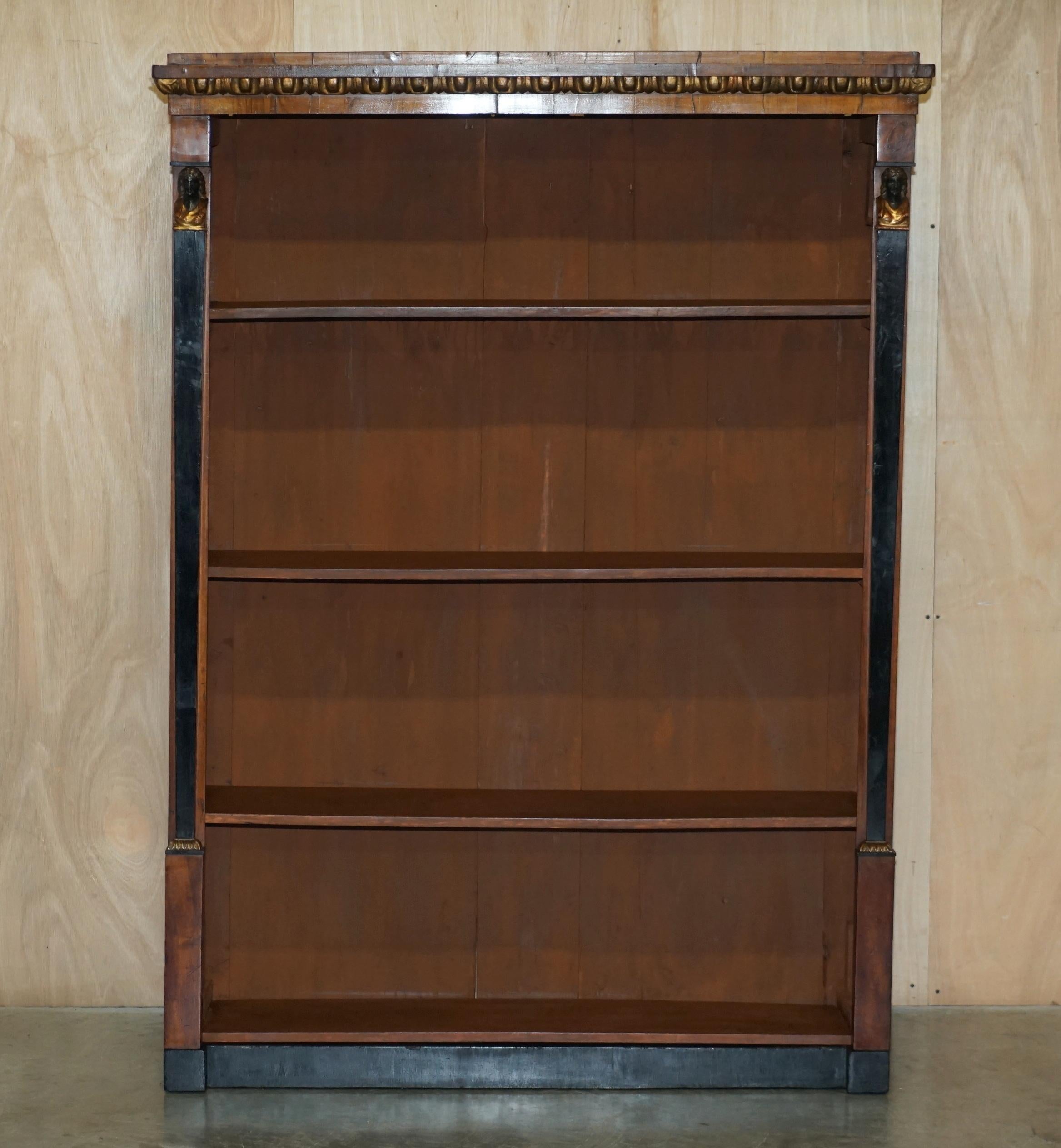 We are delighted to offer for sale this lovely Egyptian Revival, Biedermeier style large open library bookcase in Walnut 

A very well made and decorative library bookcases, this is a very good sized piece, its deeper than normal, the shelves are