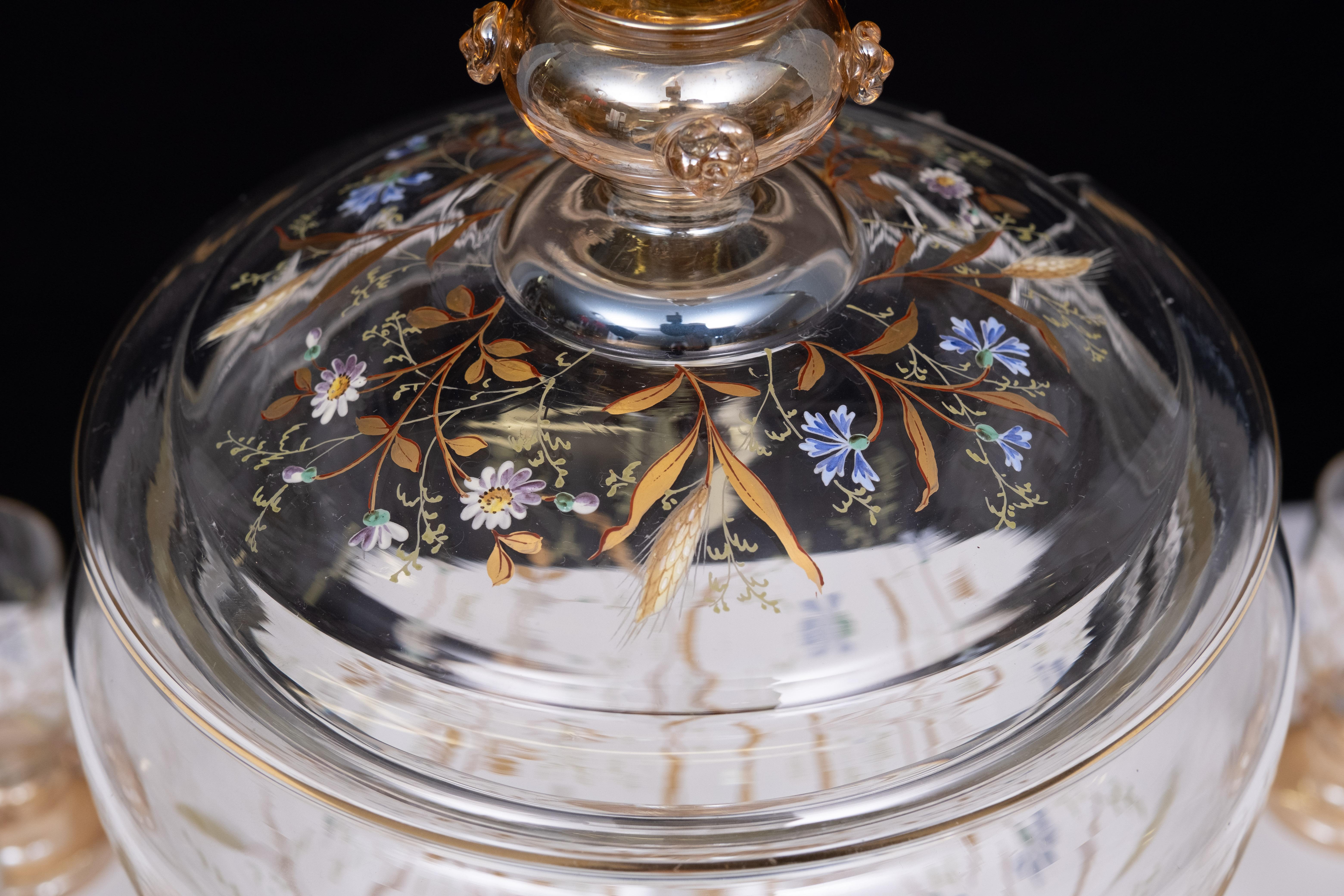 Superbe service en verre émaillé ancien pour les fruits, les desserts ou les punchs. 1880 en vente 5