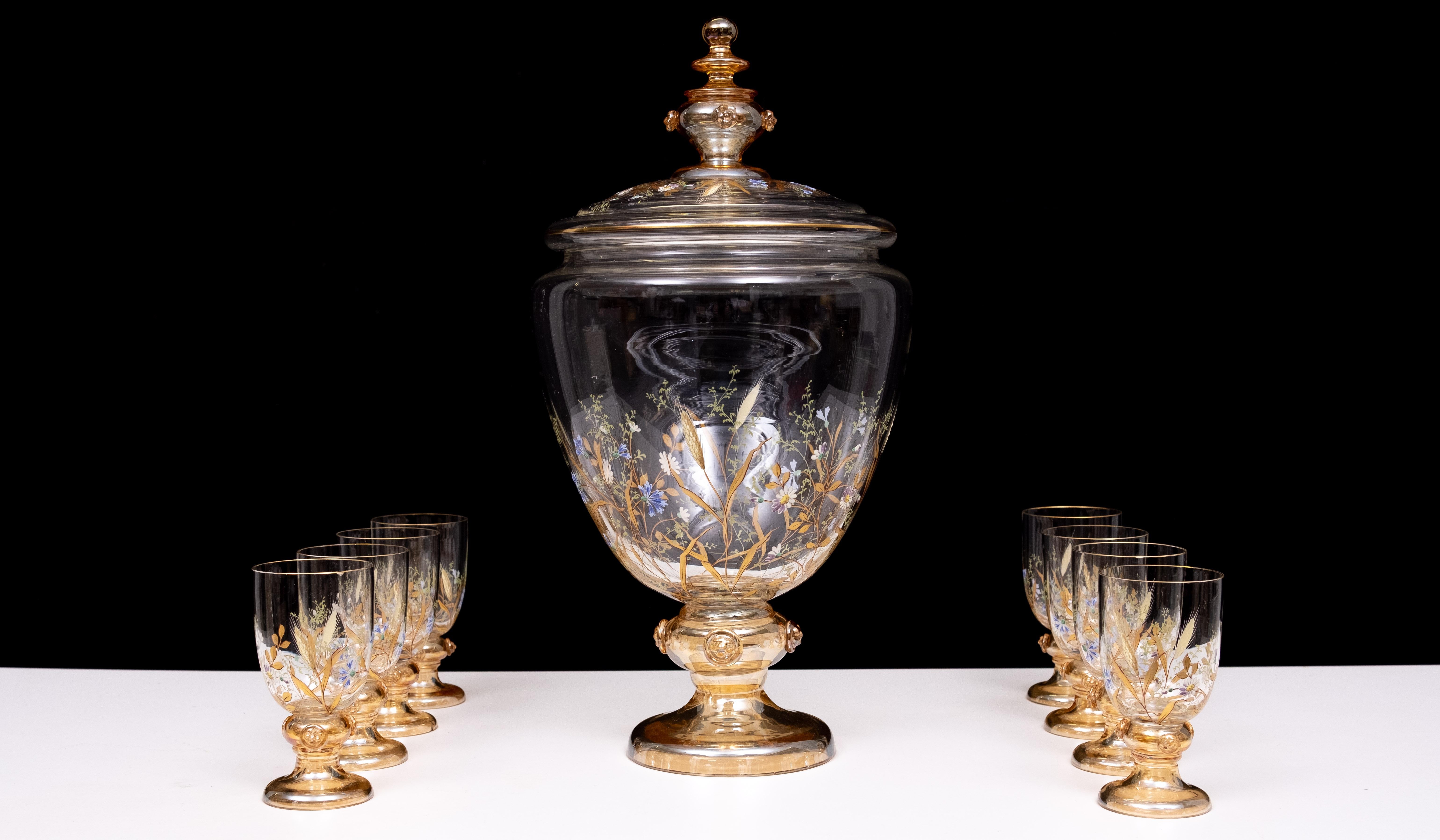 Superbe service en verre émaillé ancien pour les fruits, les desserts ou les punchs. 1880 en vente 6