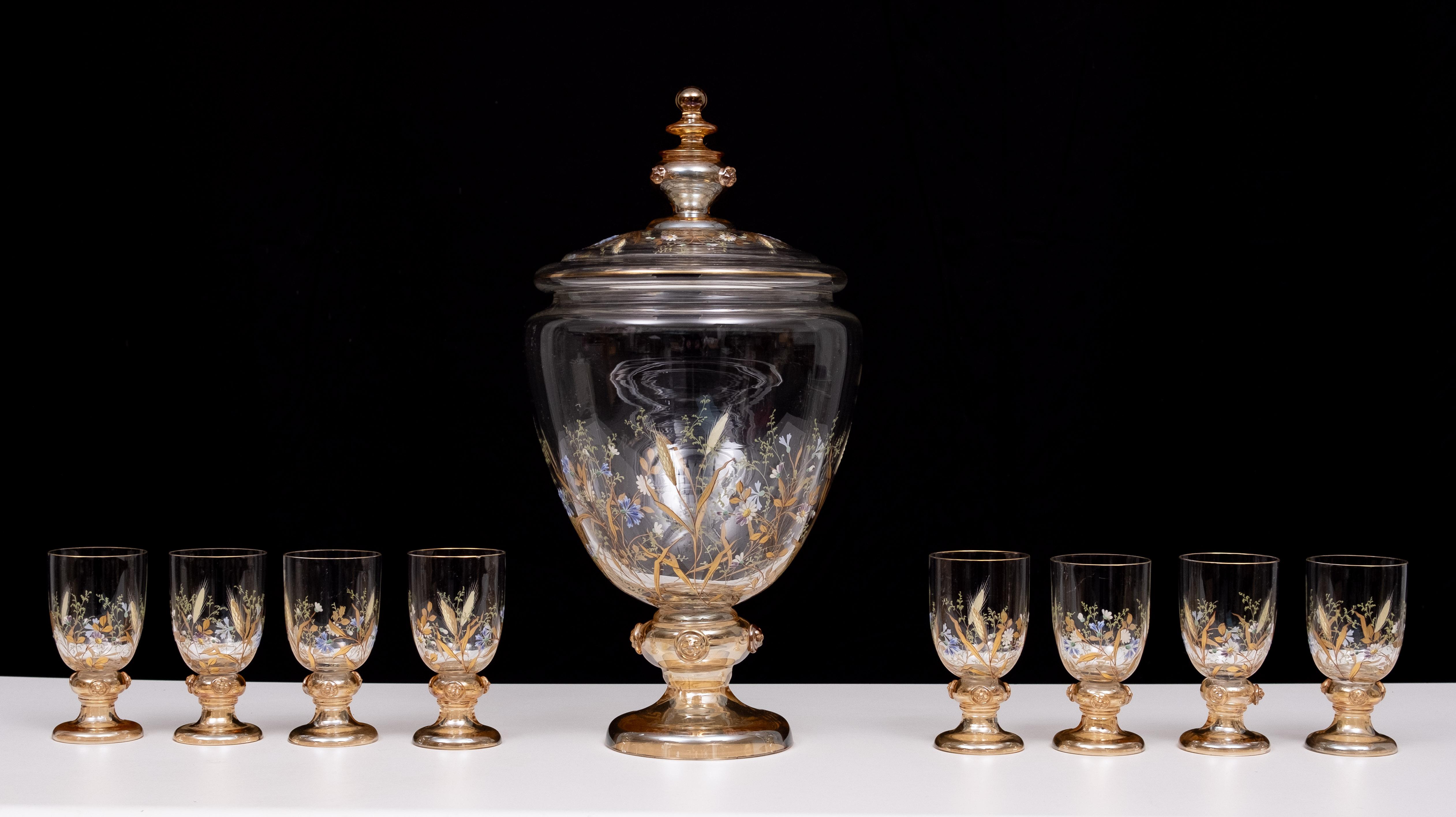Superbe service en verre émaillé ancien pour les fruits, les desserts ou les punchs. 1880 en vente 8
