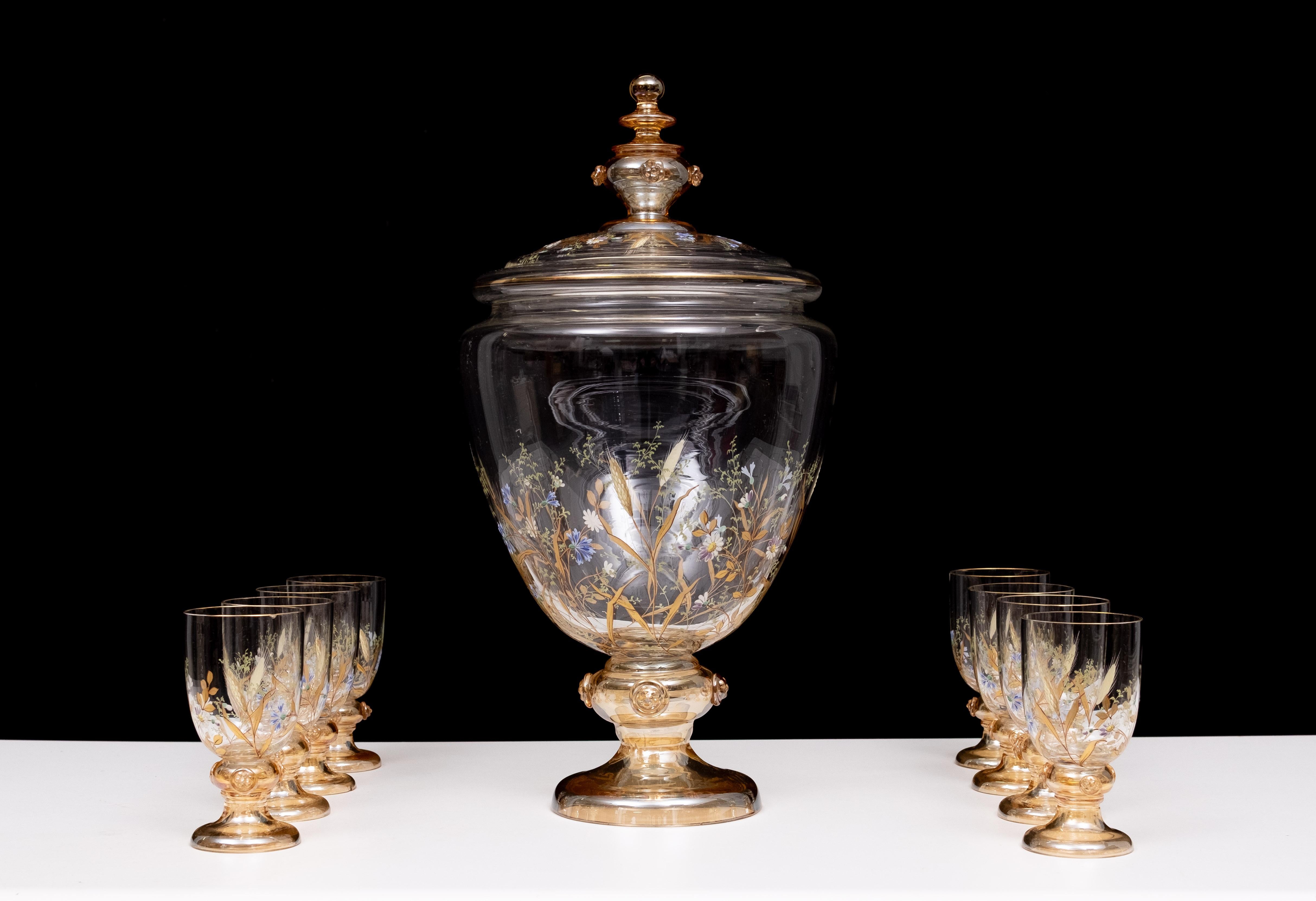 Superbe service en verre émaillé ancien pour les fruits, les desserts ou les punchs. 1880 Bon état - En vente à Den Haag, NL